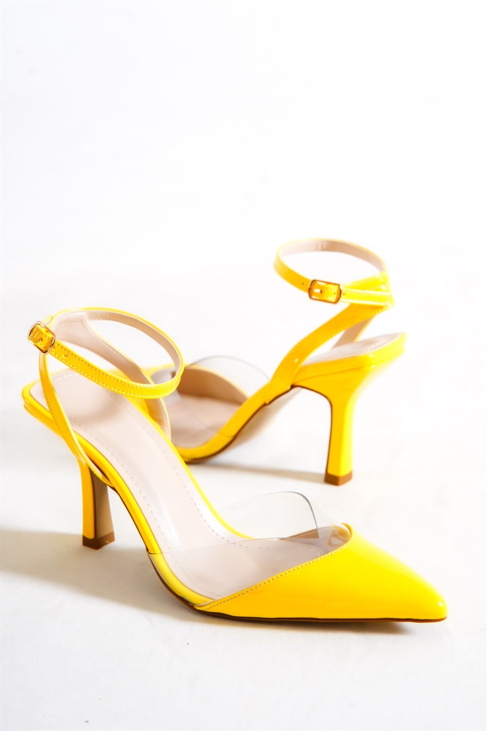 Capone Transparent Hşgh Heel Ankle Strap Pointed Toe Patent Leather Women Yellow Shoes