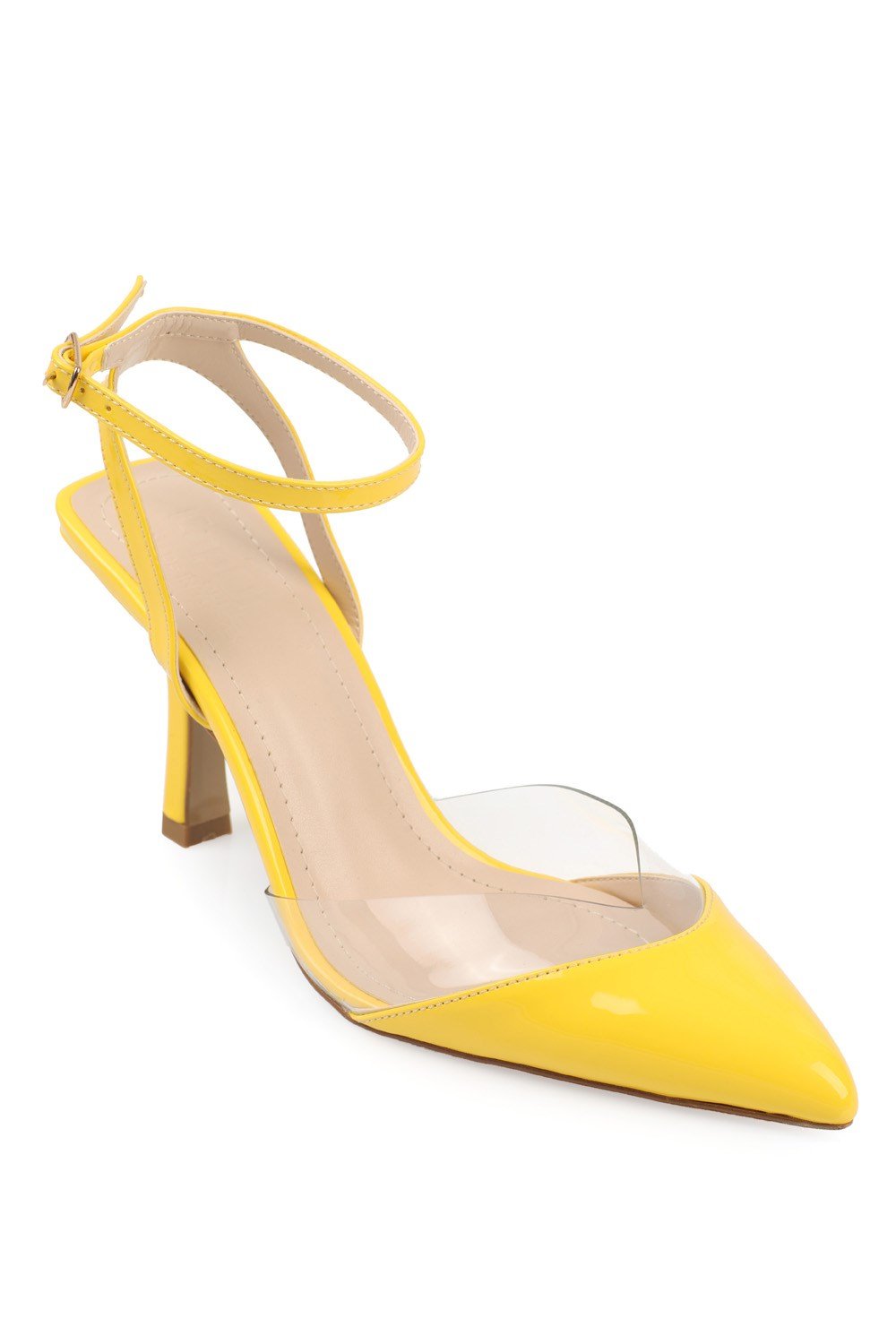 Capone Transparent Hşgh Heel Ankle Strap Pointed Toe Patent Leather Women Yellow Shoes