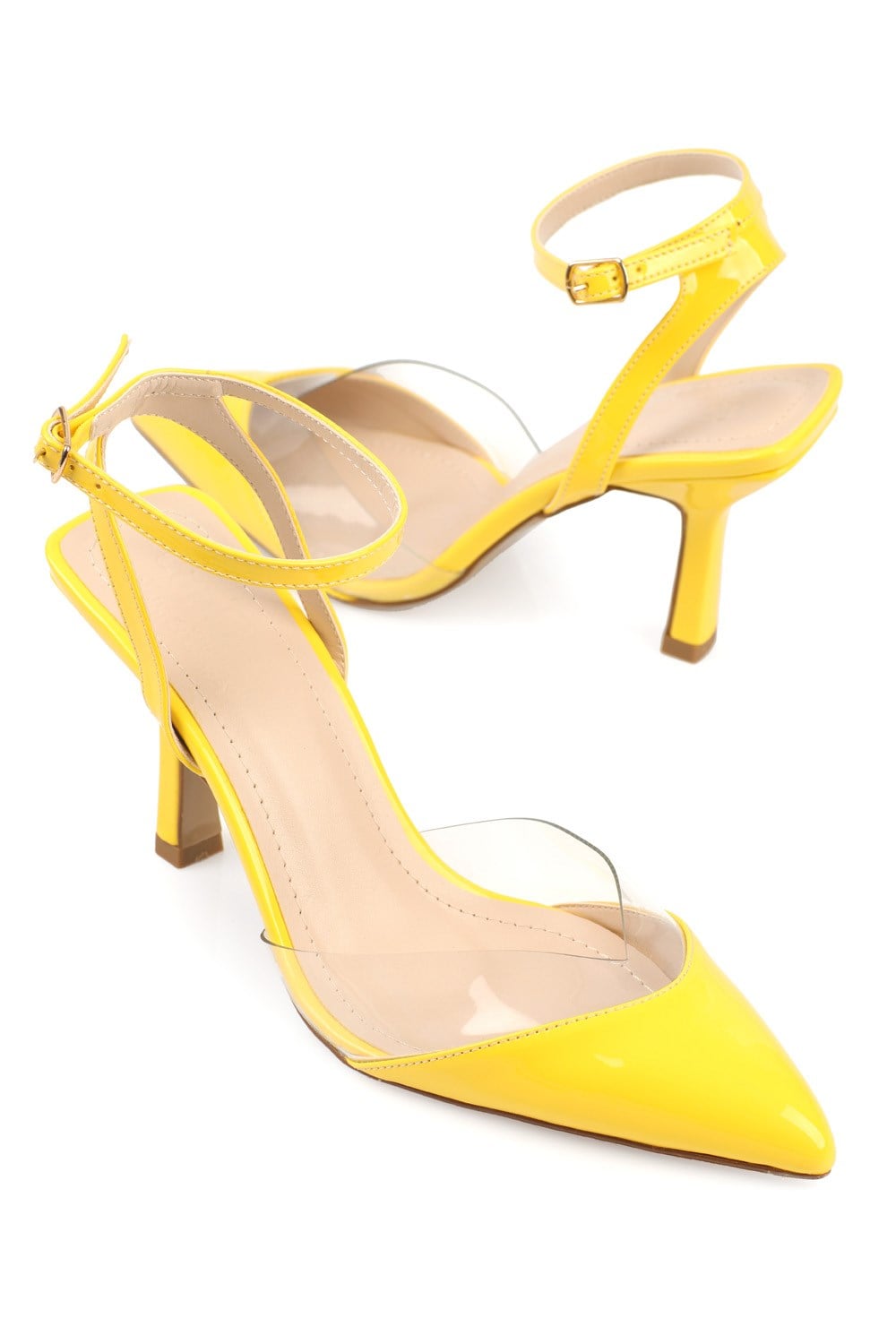 Capone Transparent Hşgh Heel Ankle Strap Pointed Toe Patent Leather Women Yellow Shoes