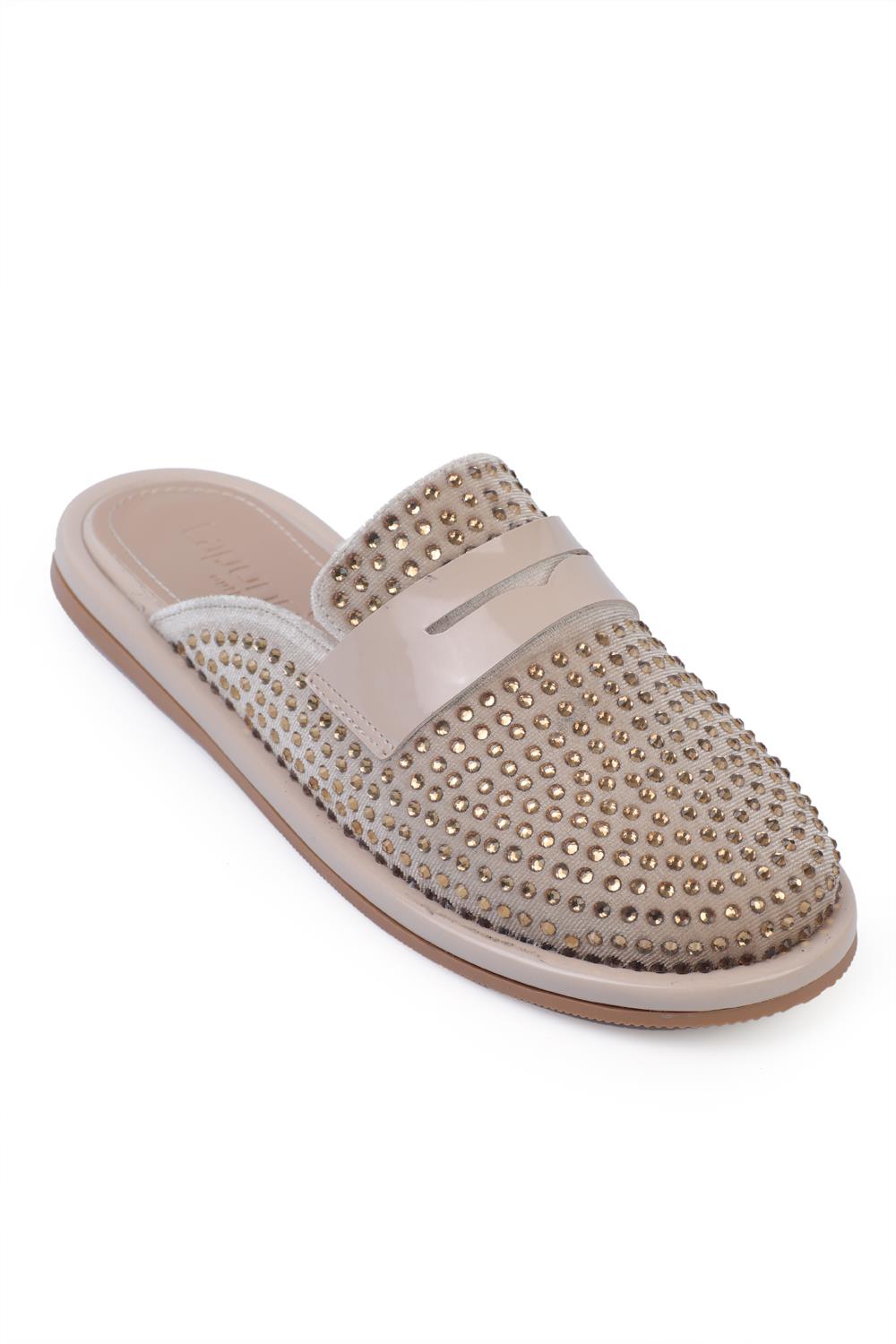 Capone Velvet Stone-Studded Closed-Toe Women Velvet Beige Sandals