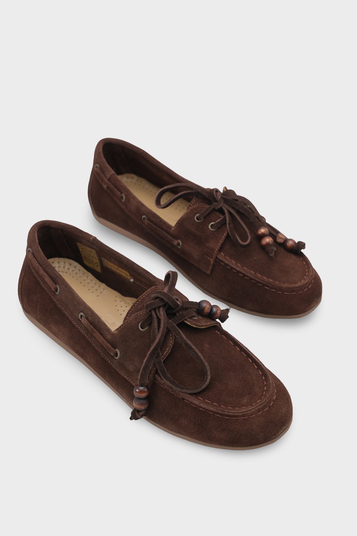 Capone Vicki  Genuine Leather Suede Lace-Up Beaded Comfort Women Brown Loafer Boat Shoe