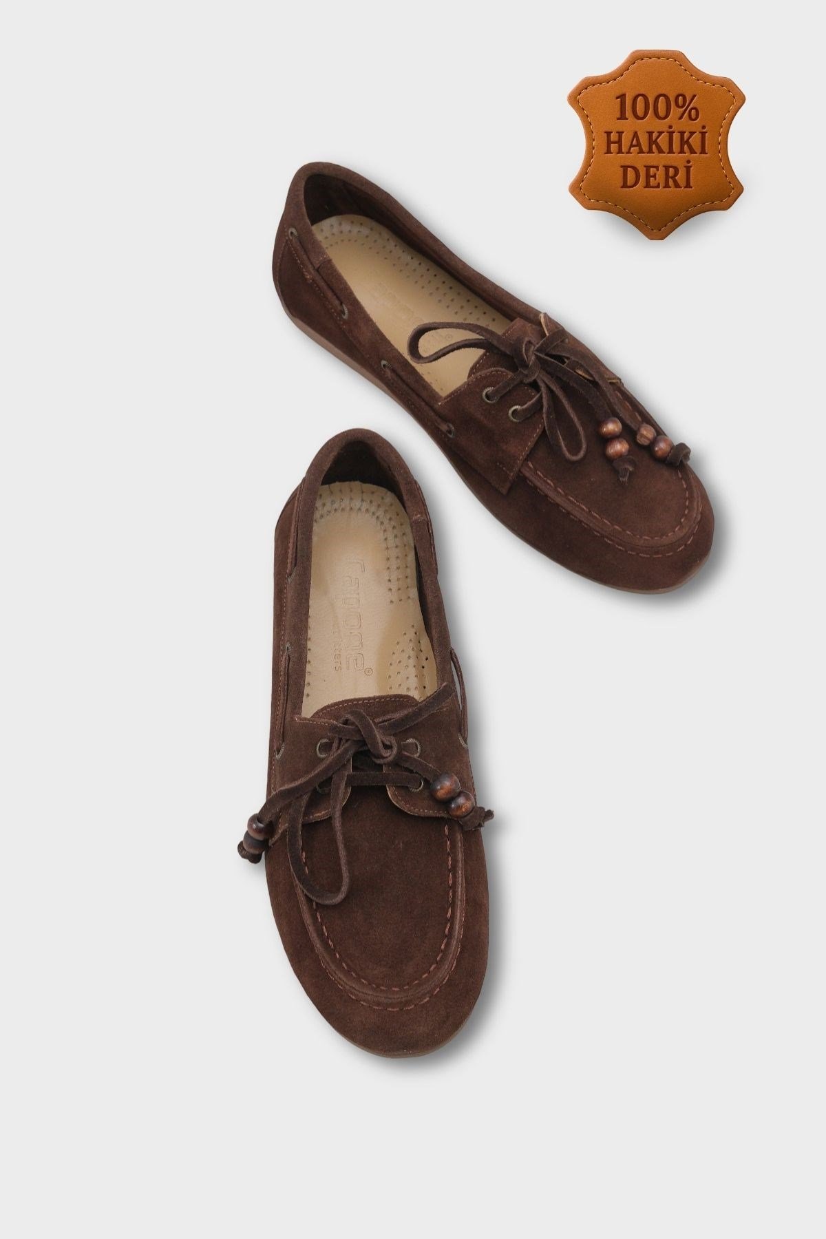 Capone Vicki  Genuine Leather Suede Lace-Up Beaded Comfort Women Brown Loafer Boat Shoe
