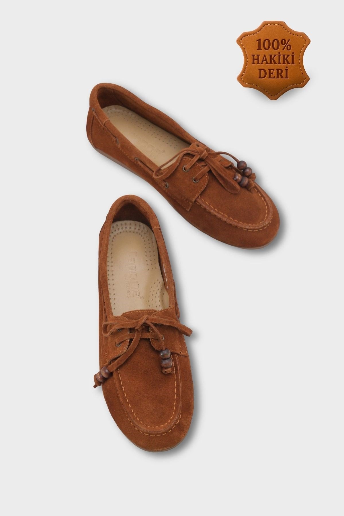 Capone Vicki  Genuine Leather Suede Lace-Up Beaded Comfort Women Brown Loafer Boat Shoe