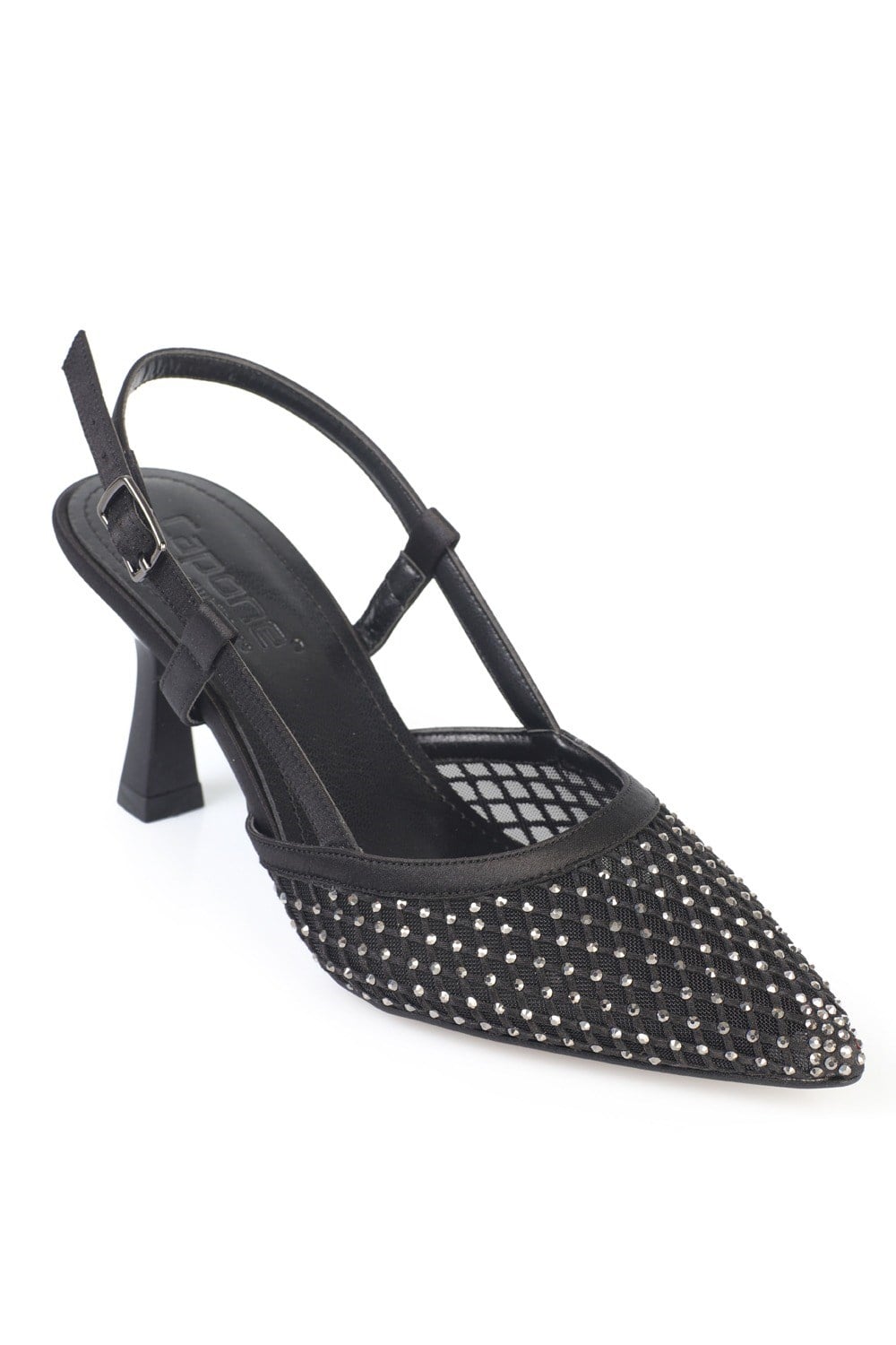 Capone Viv Pointed Toe Mesh Crystal Embellished Mid Heel Elegant Women Satin Black Shoe