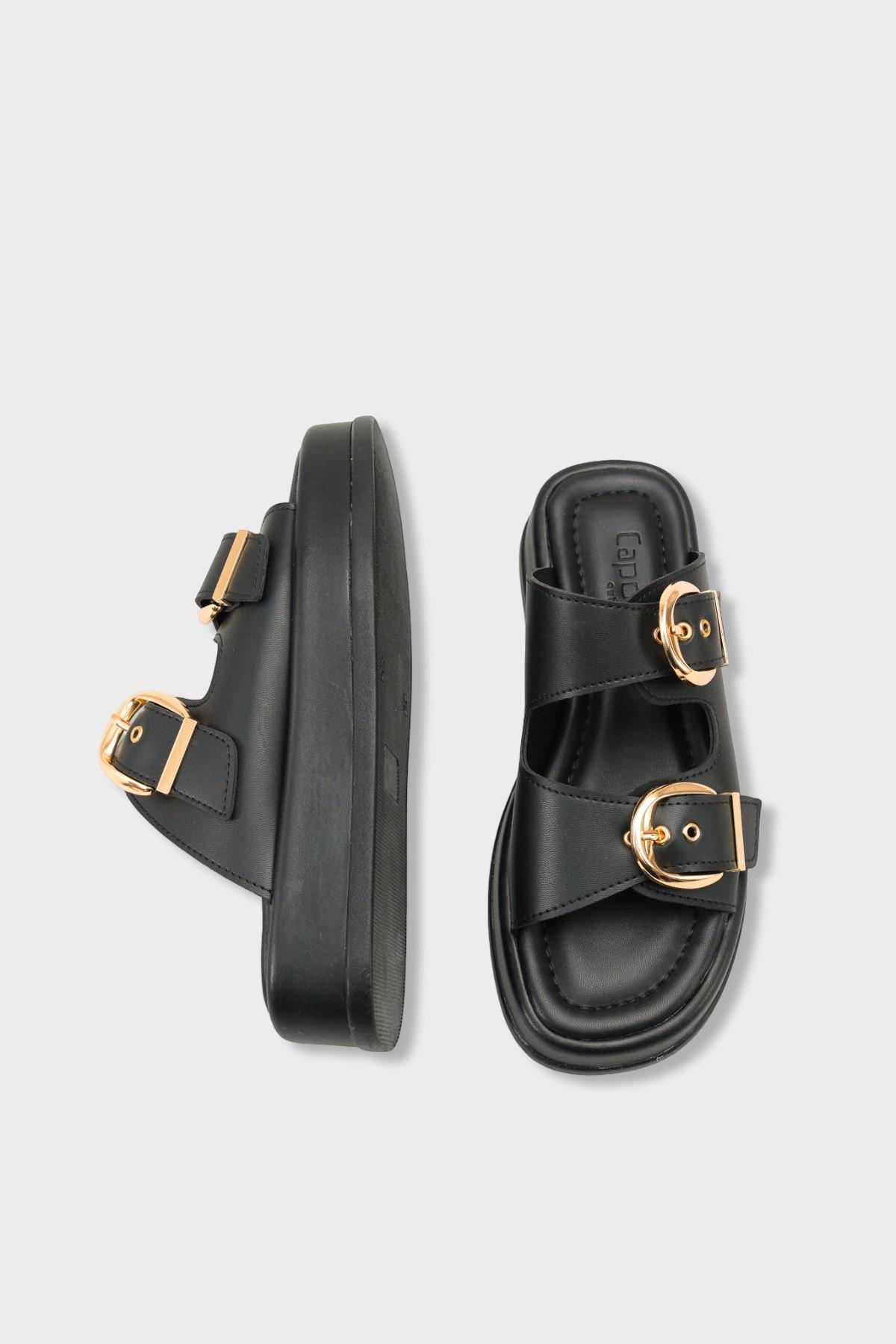 Capone Vivien Wedge Heel Double Band Buckle Women Black Sandal