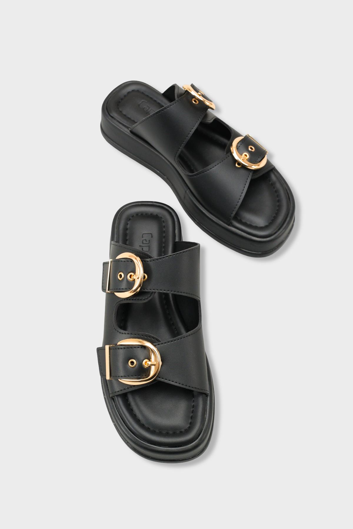 Capone Vivien Wedge Heel Double Band Buckle Women Black Sandal