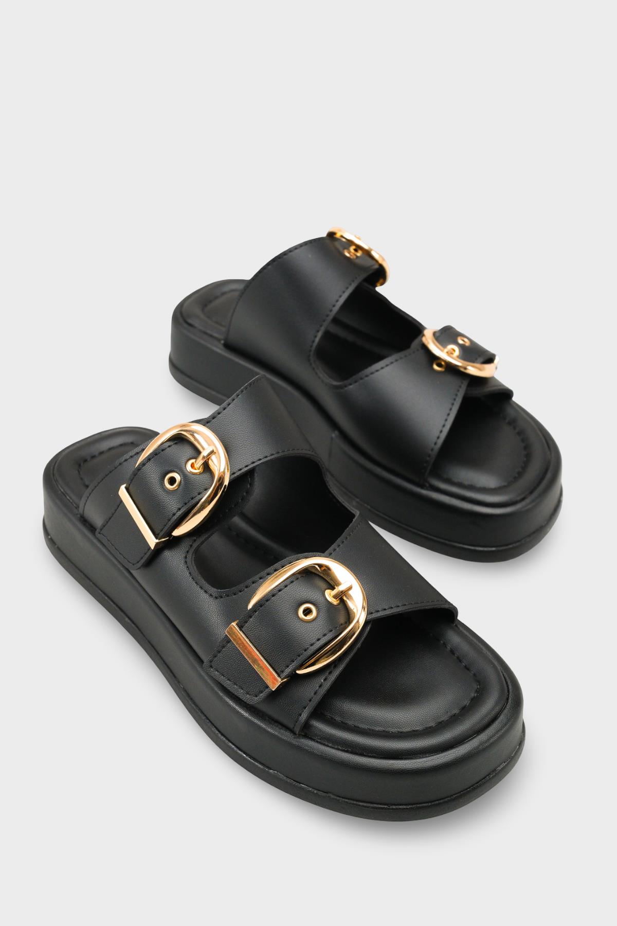 Capone Vivien Wedge Heel Double Band Buckle Women Black Sandal
