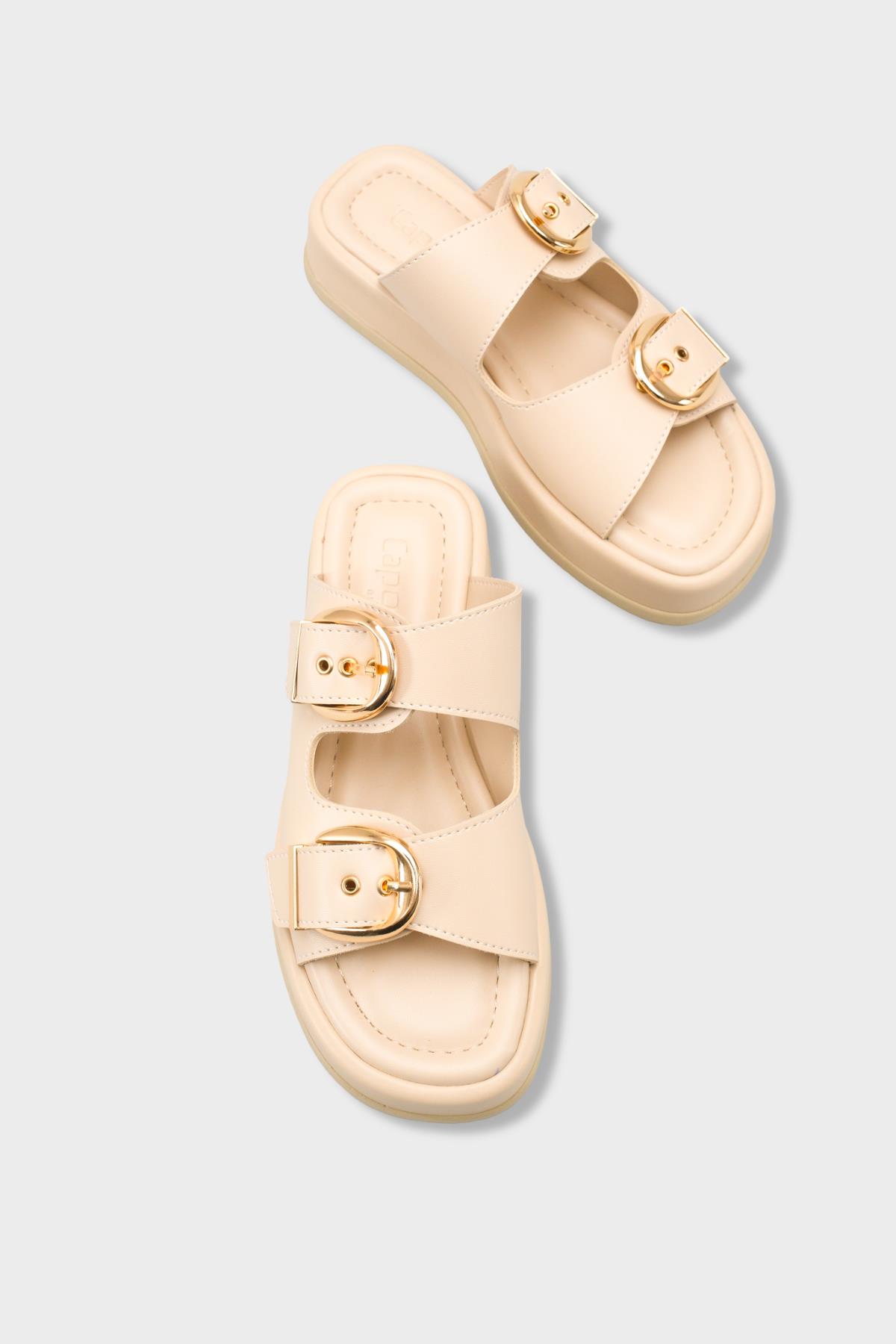 Capone Vivien Wedge Heel Double Band Buckle Women Beige Sandal