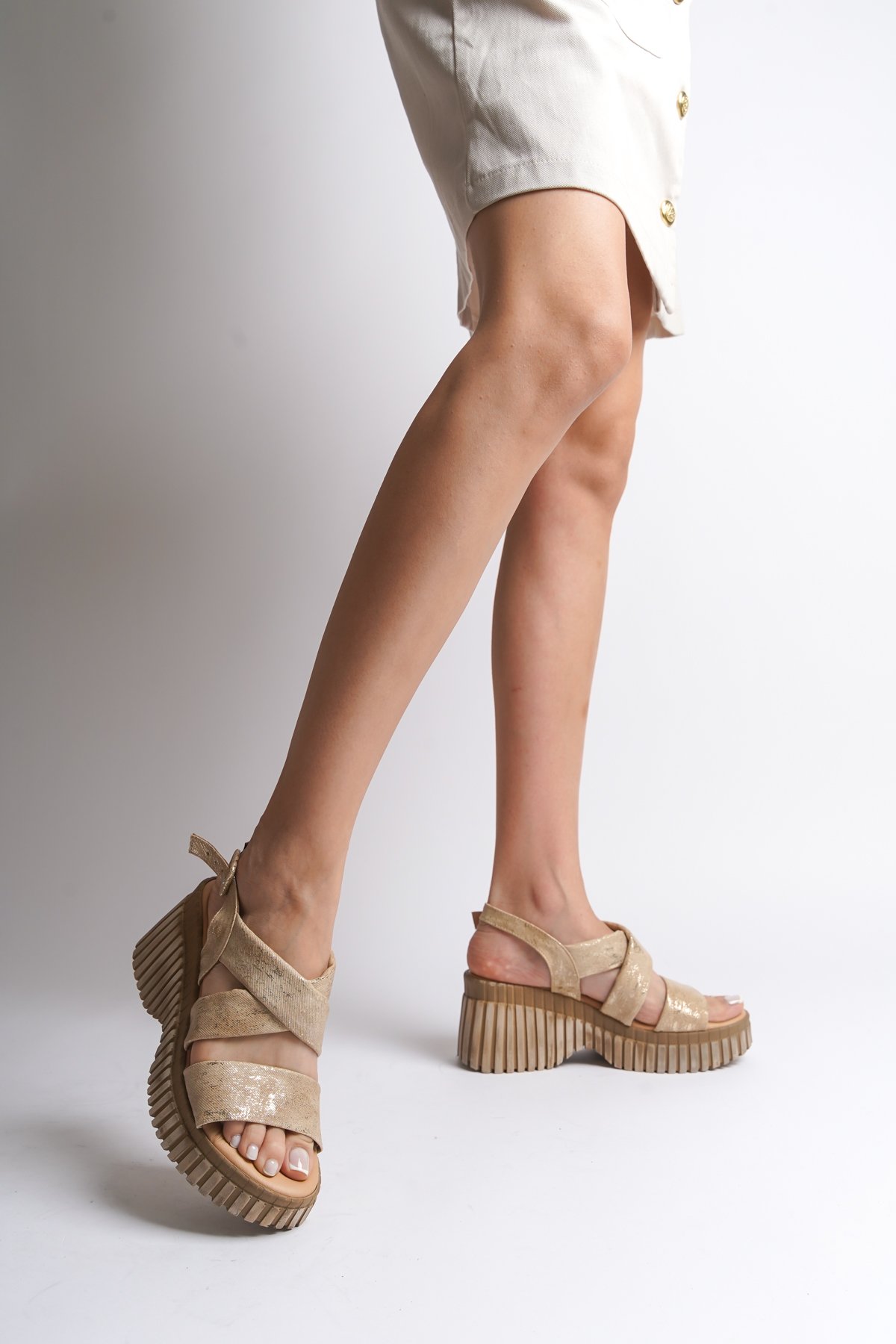 Capone Wedge Heel Comfort Genuine Leather Women Denim Nude Sandals