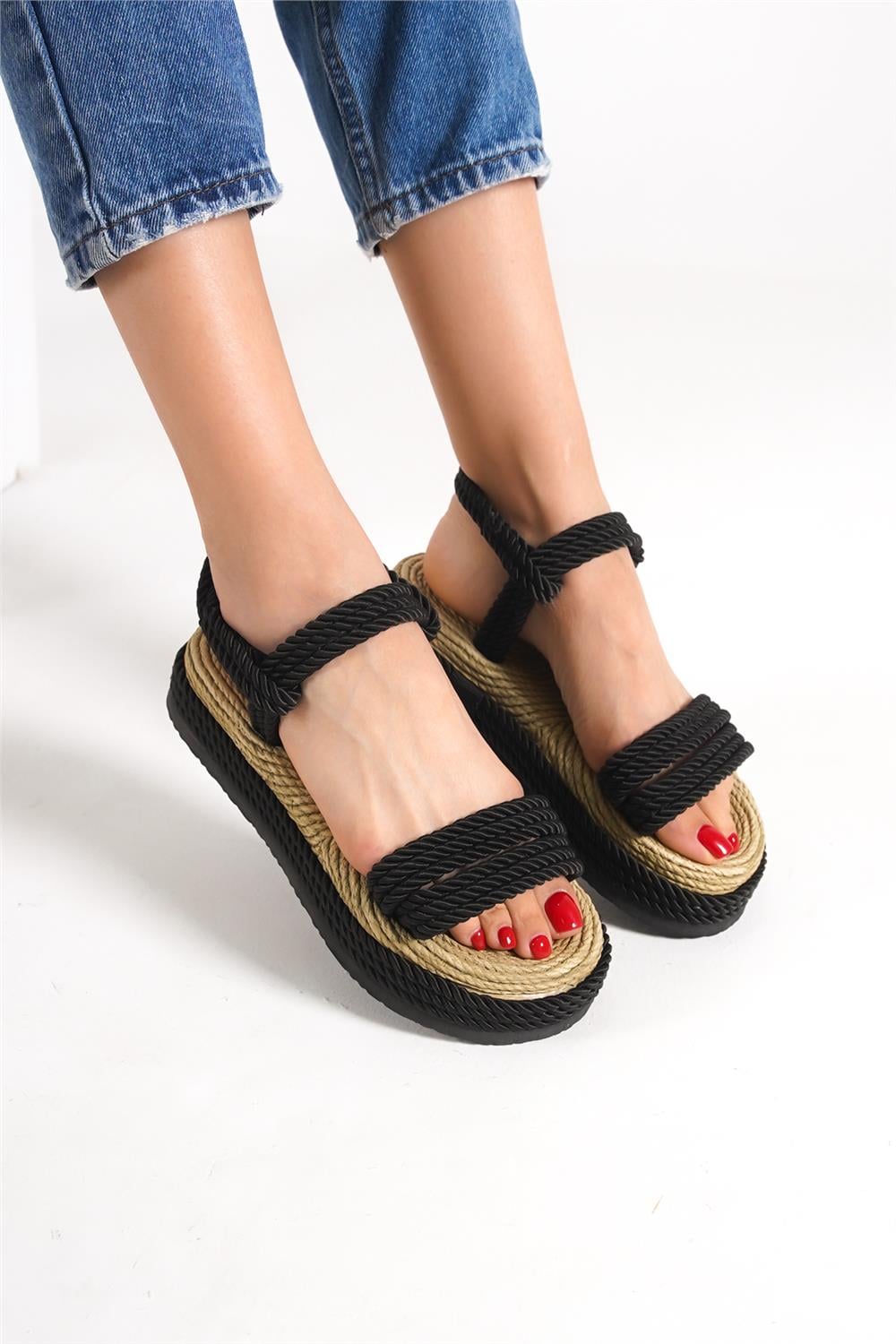 Capone Wedge Heel Corded Women Black Slippers