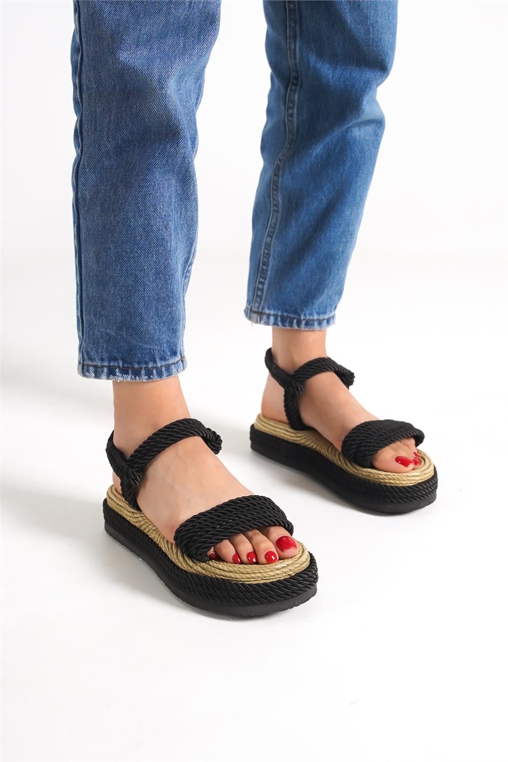 Capone Wedge Heel Corded Women Black Slippers