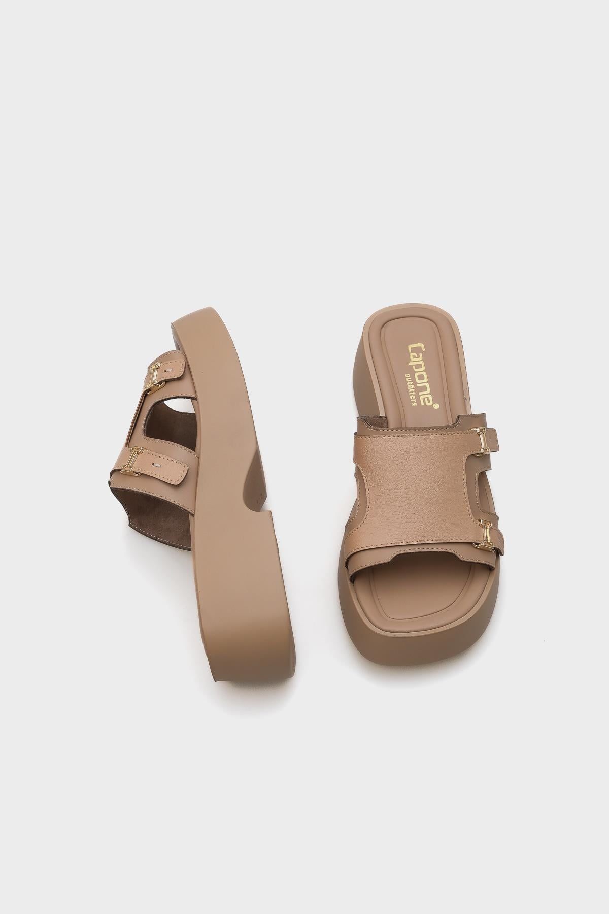 Capone Wedge Heel Double Strap Buckled Women Nude Comfort Sandals