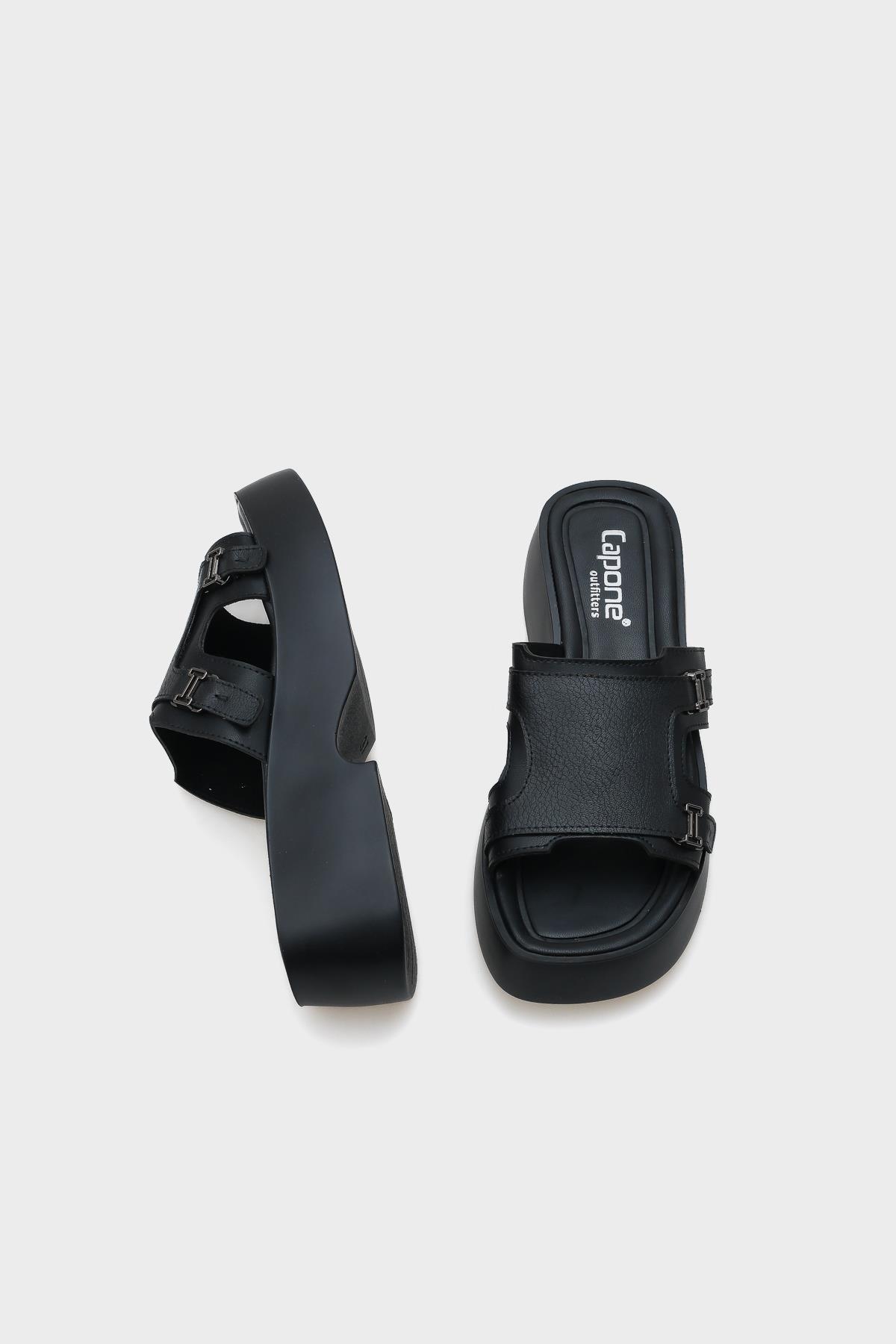 Capone Wedge Heel Double Strap Buckled Women Black Comfort Sandals
