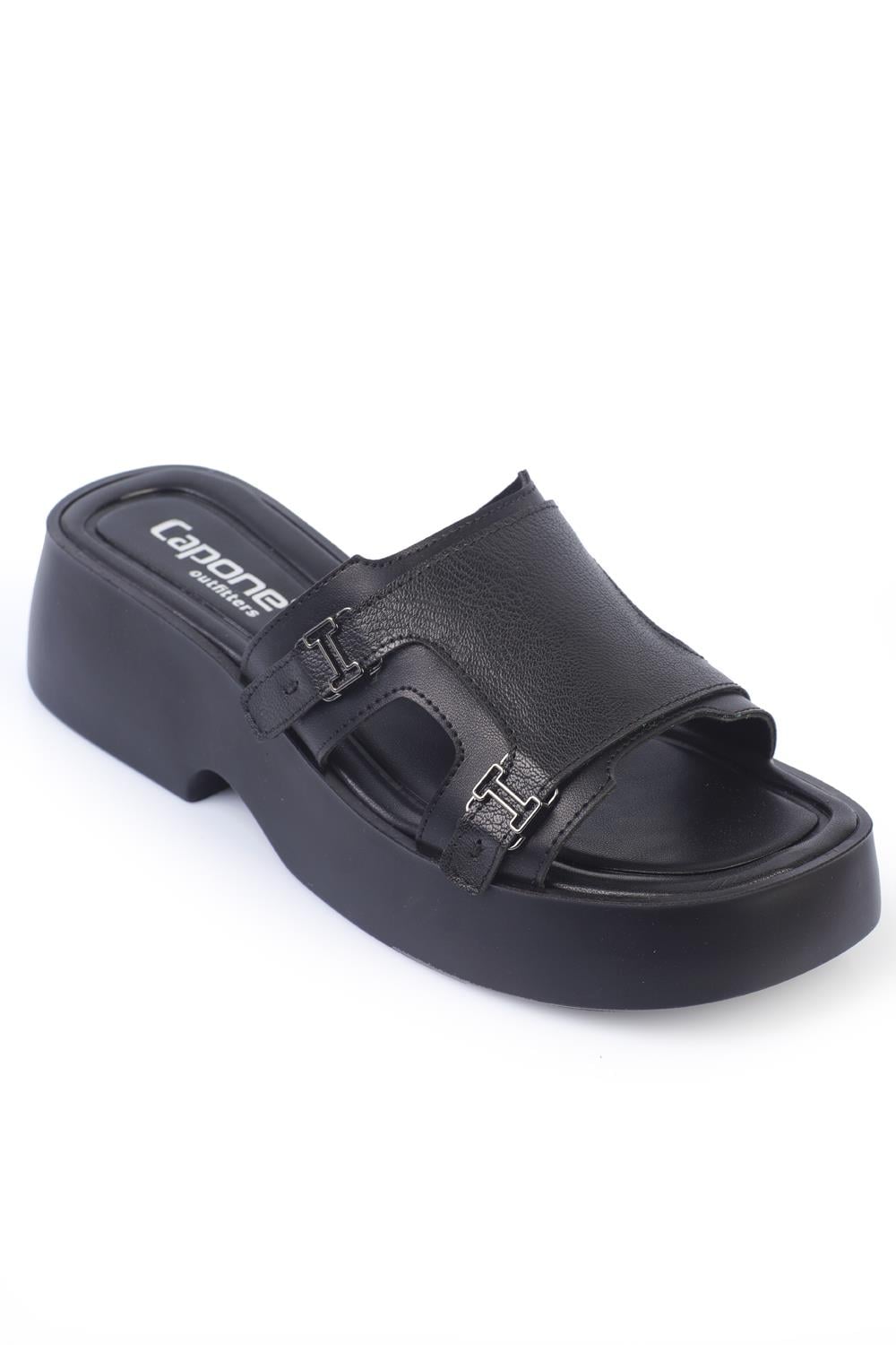 Capone Wedge Heel Double Strap Buckled Women Black Comfort Sandals