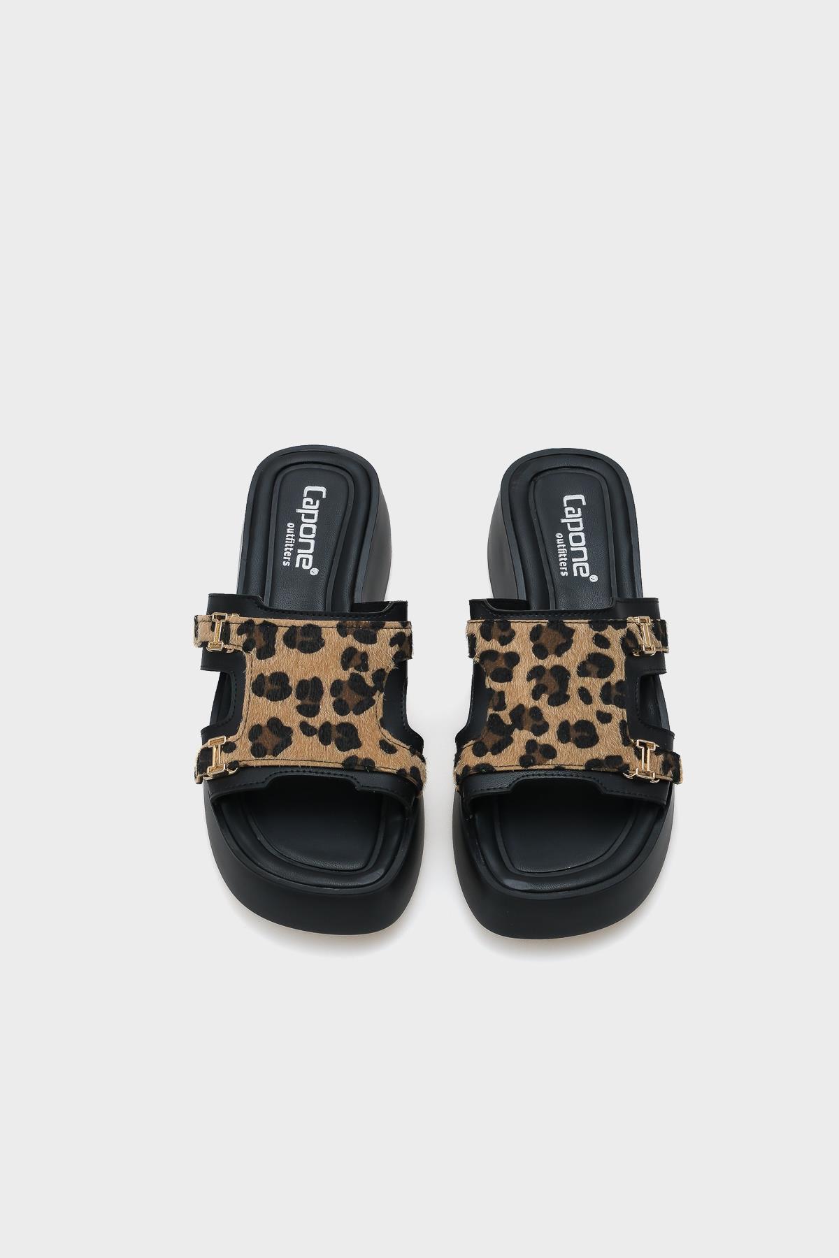 Capone Wedge Heel Double Strap Buckled Women Leopard Furry Comfort Sandals