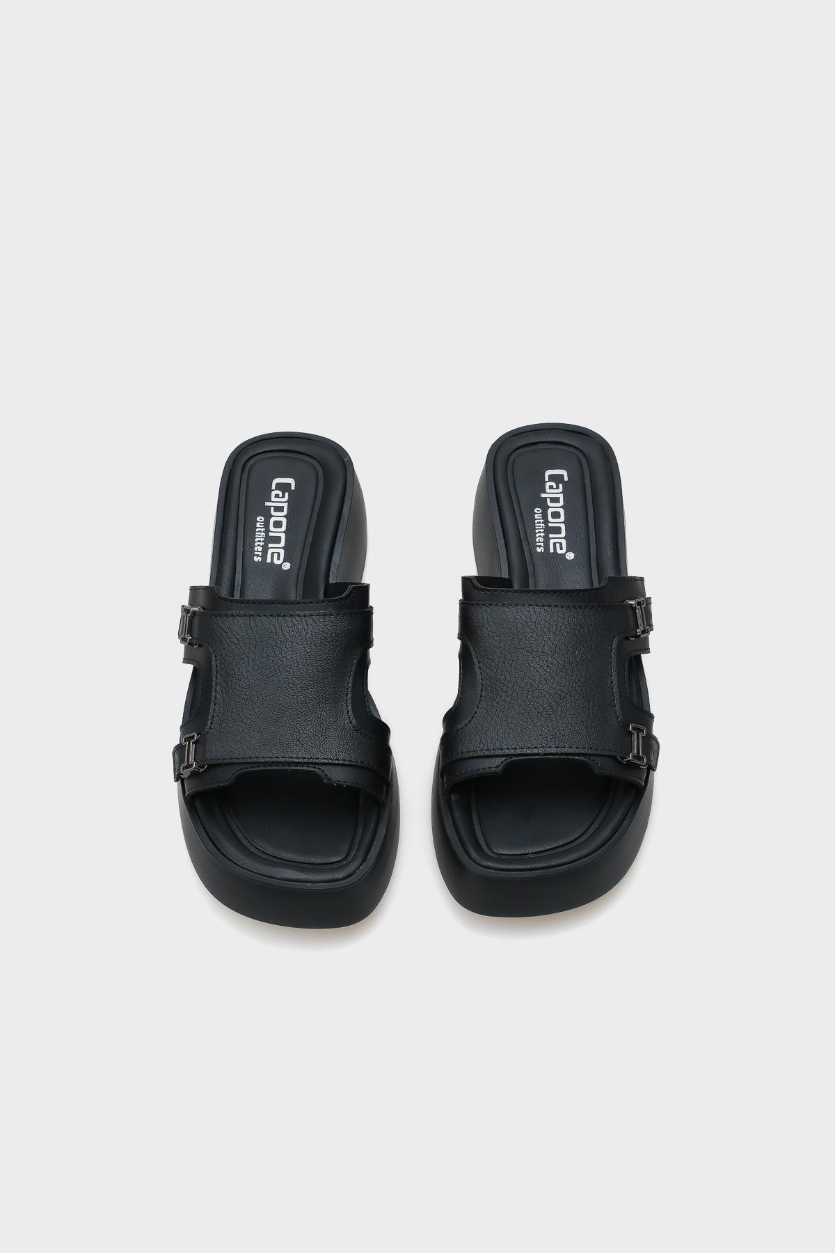 Capone Wedge Heel Double Strap Buckled Women Black Comfort Sandals