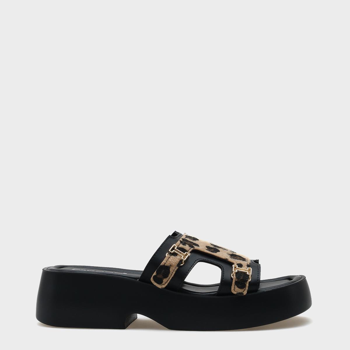 Capone Wedge Heel Double Strap Buckled Women Leopard Furry Comfort Sandals