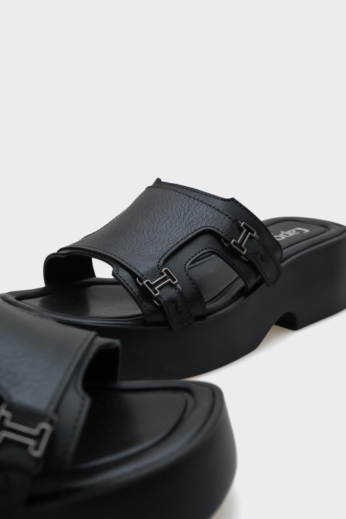 Capone Wedge Heel Double Strap Buckled Women Black Comfort Sandals