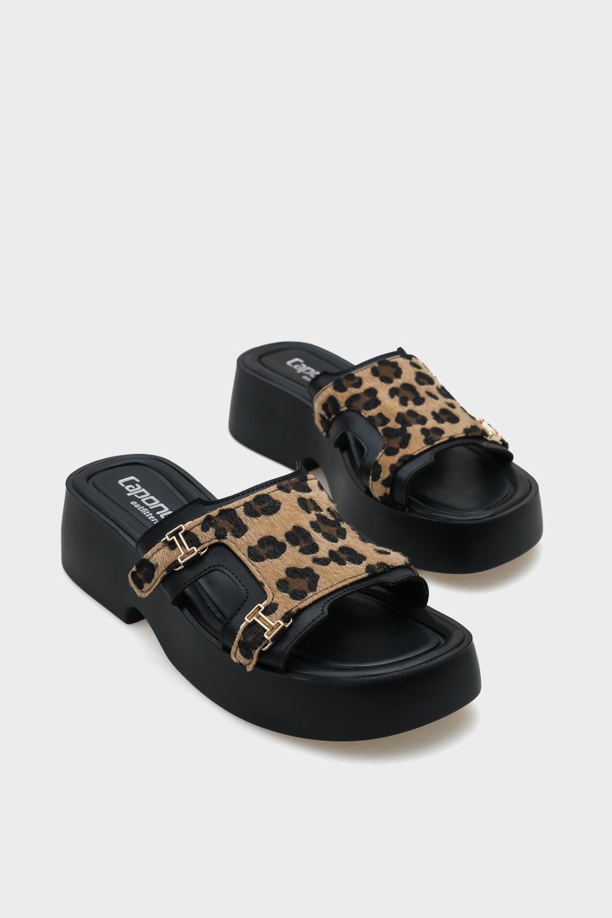 Capone Wedge Heel Double Strap Buckled Women Leopard Furry Comfort Sandals