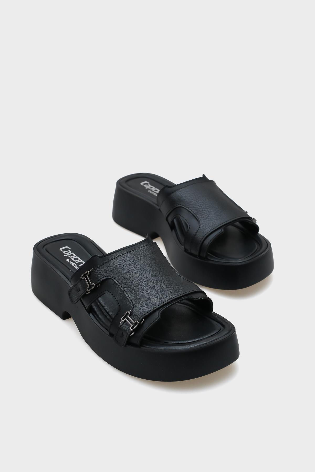Capone Wedge Heel Double Strap Buckled Women Black Comfort Sandals