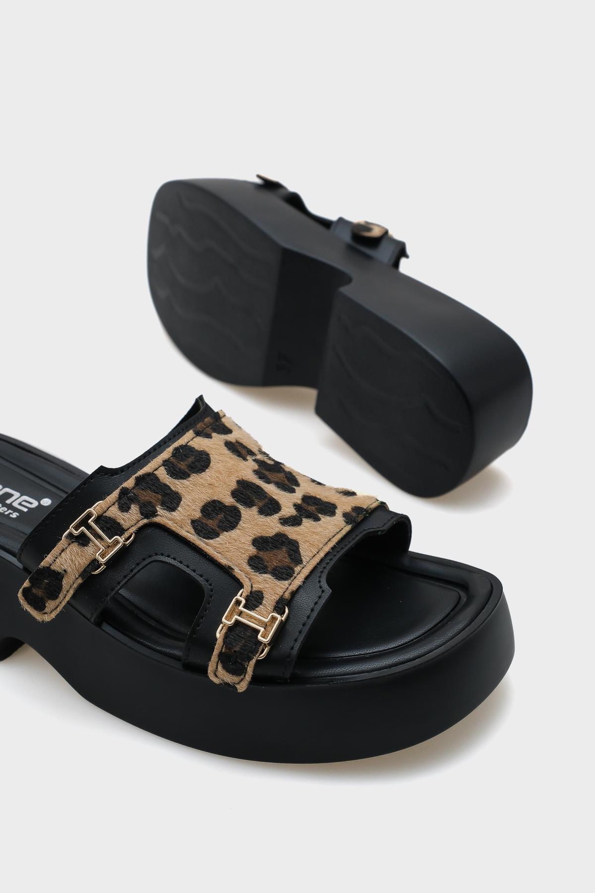 Capone Wedge Heel Double Strap Buckled Women Leopard Furry Comfort Sandals