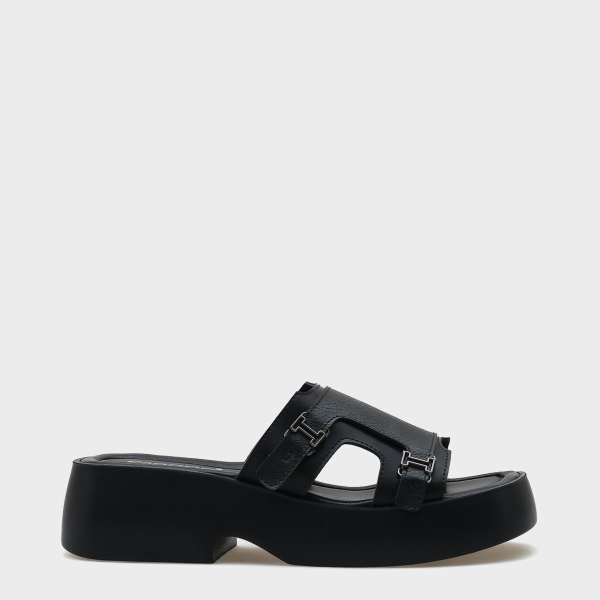 Capone Wedge Heel Double Strap Buckled Women Black Comfort Sandals