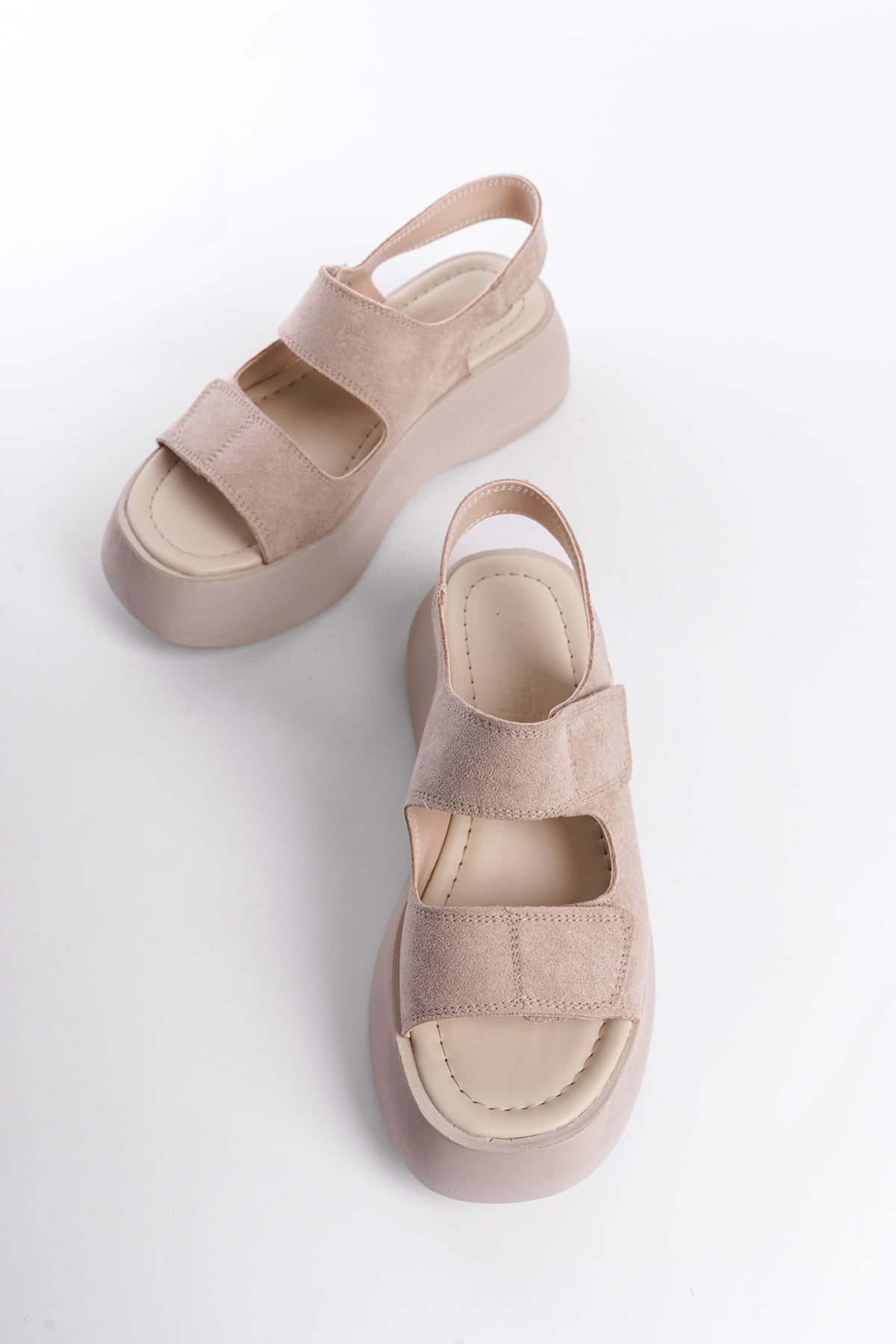 Capone Wedge Heel Double Velcro Strap Women Beıge Sandals