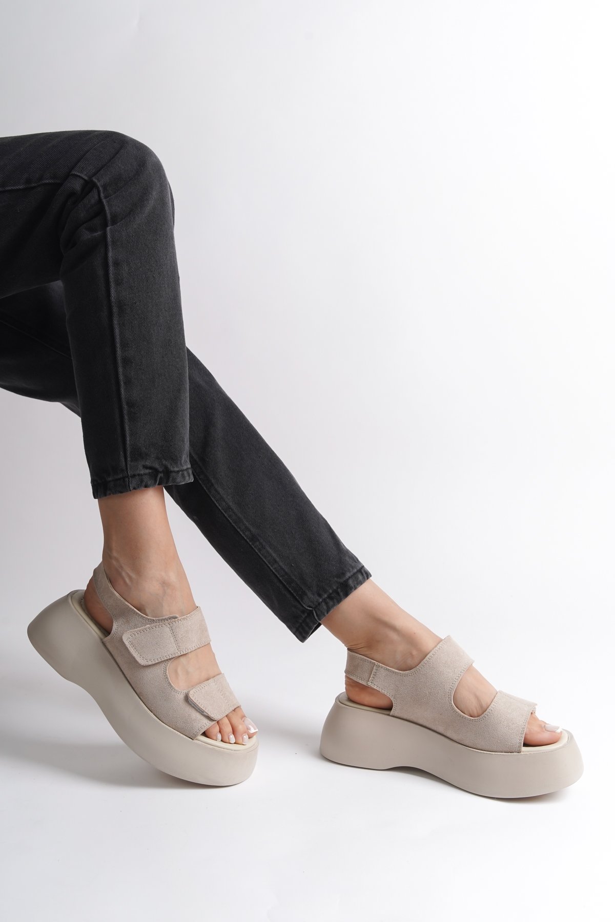 Capone Wedge Heel Double Velcro Strap Women Beıge Sandals