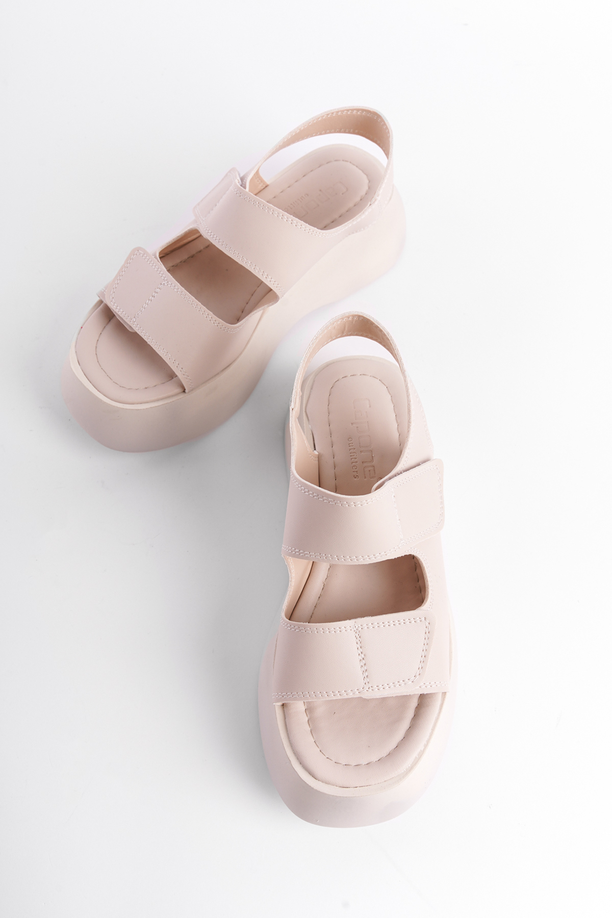Capone Wedge Heel Double Velcro Strap Women Beige Sandals