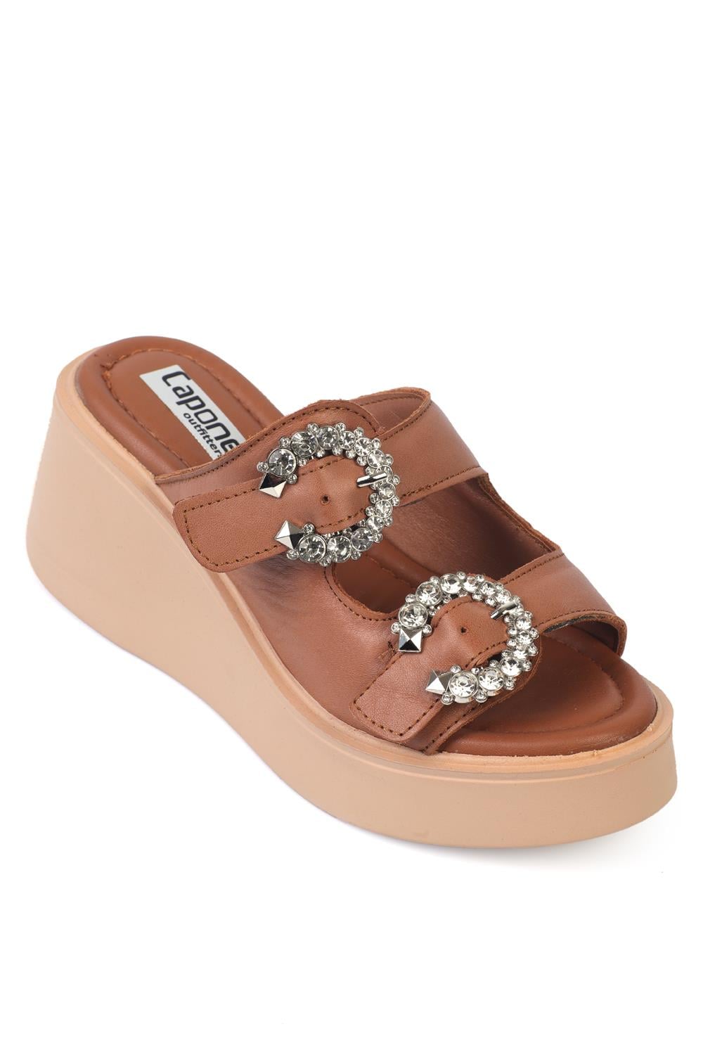 Capone Wedge Heel Genuine Leather Crystal Embellished Double-Strap Comfort Women Tan Sandals
