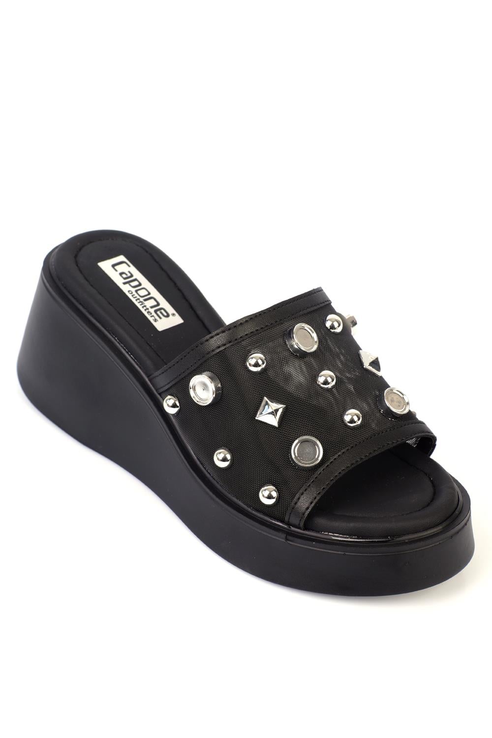 Capone Wedge Heel Genuine Leather Crystal Embellished Mesh Comfort Women Black Sandals