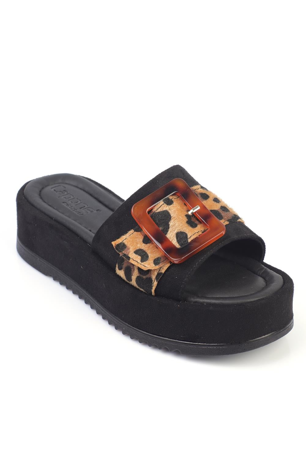 Capone Wedge Heel Leopard Buckle Suede Women Black Sandals