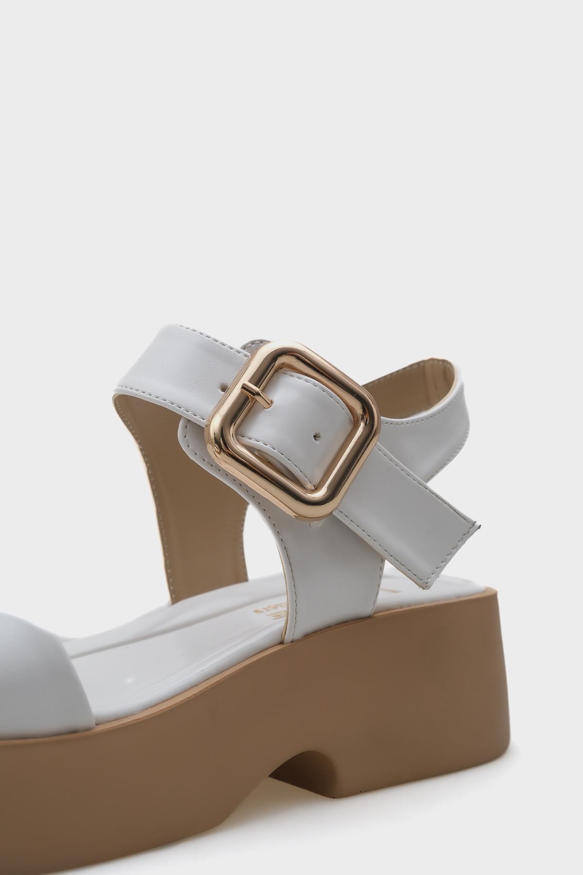 Capone Wedge Heel Single Strap Buckled Women White Comfort Sandals