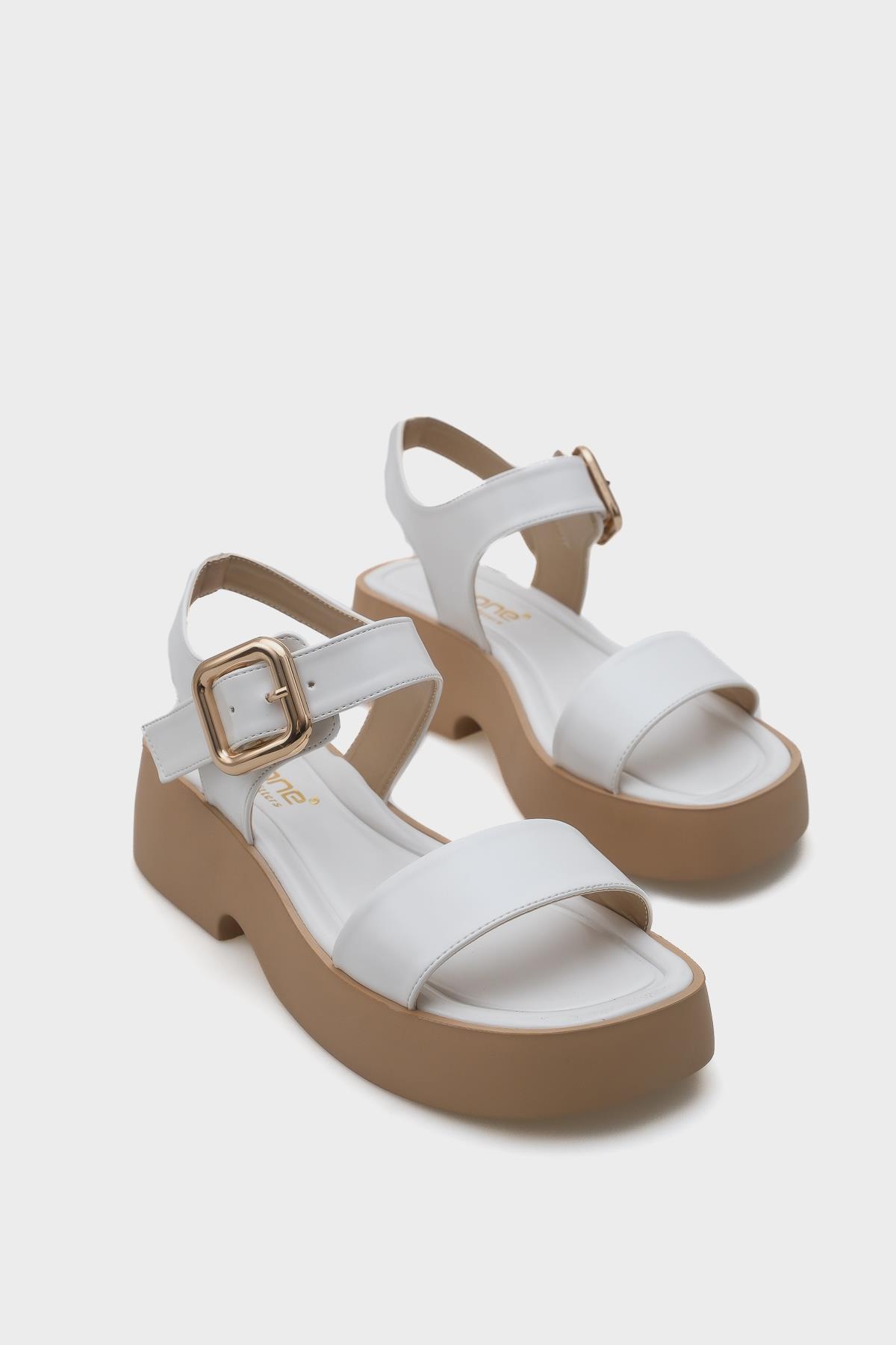 Capone Wedge Heel Single Strap Buckled Women White Comfort Sandals