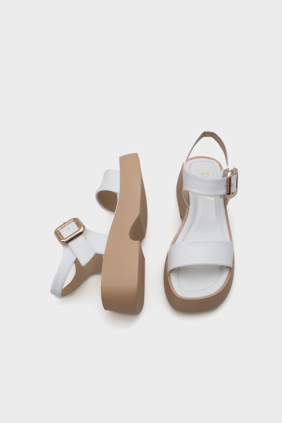 Capone Wedge Heel Single Strap Buckled Women White Comfort Sandals