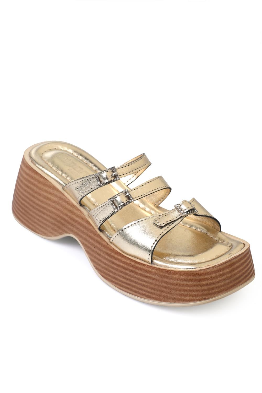 Capone Wedge Heeled Crystal Embellished Buckled Women Metallic Gold Sandals