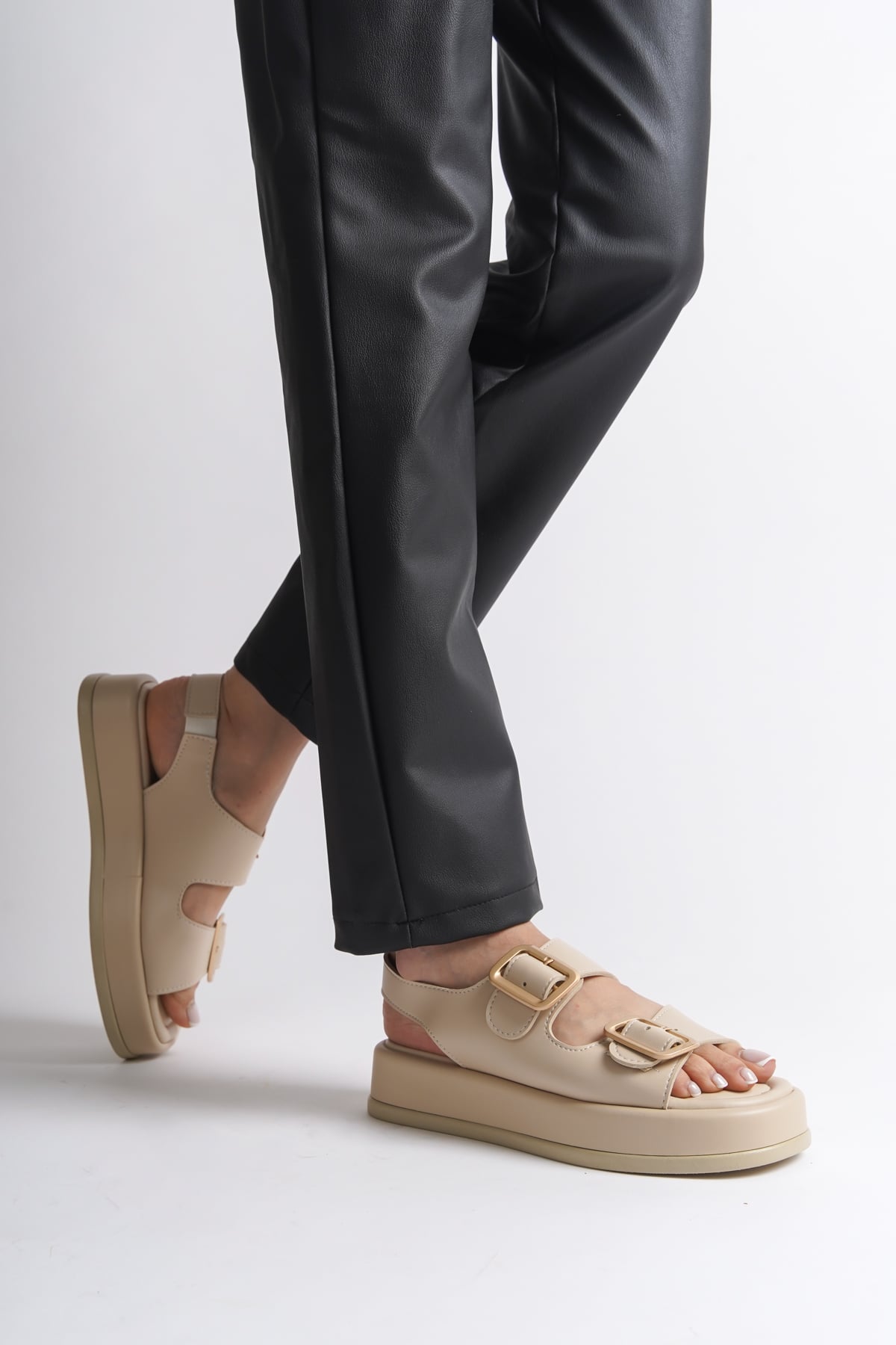 Capone Wedge Heeled Double Strap Buckle Women Beige Sandals