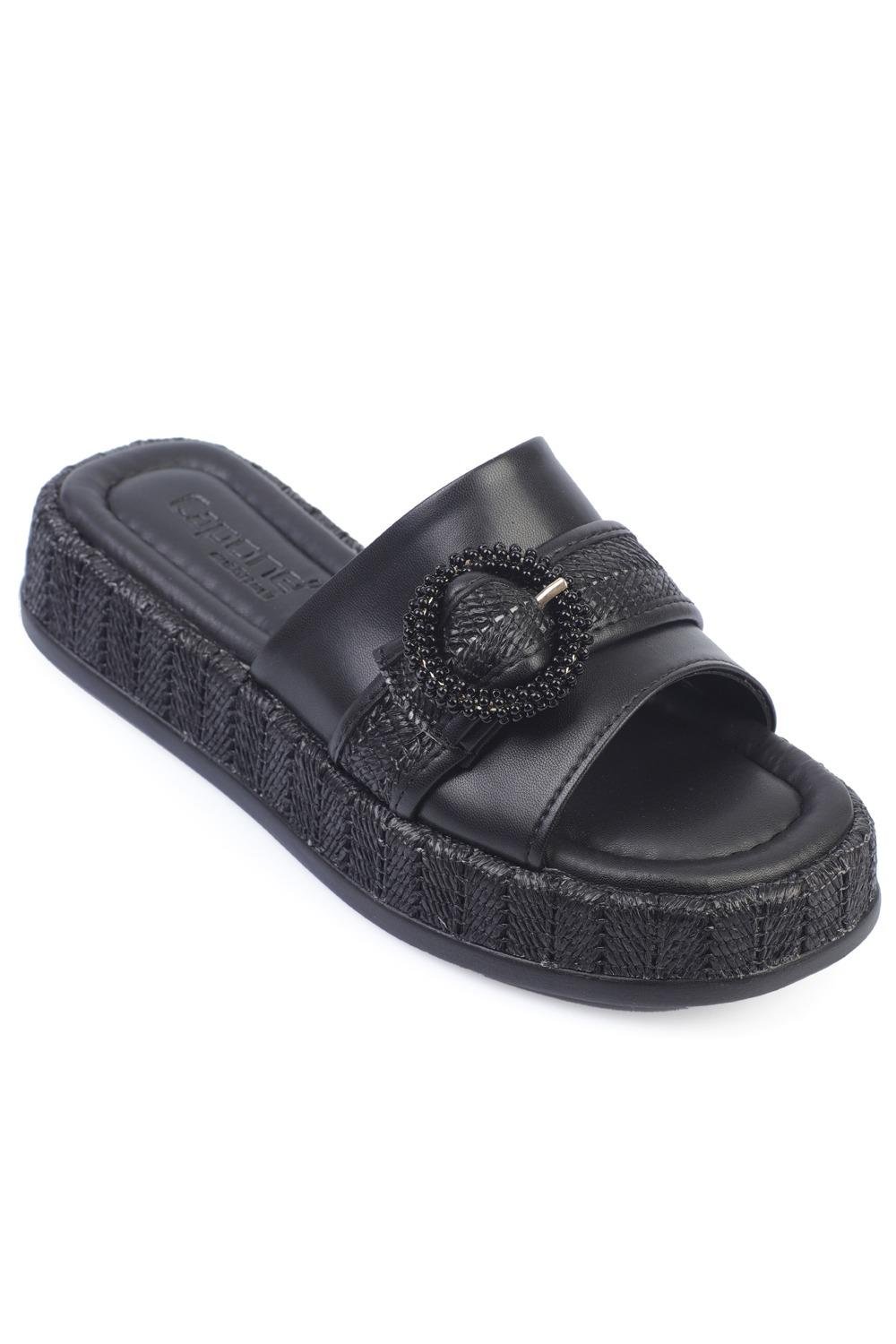 Capone Wedge Heeled Double Strap Buckle Women Black Sandals
