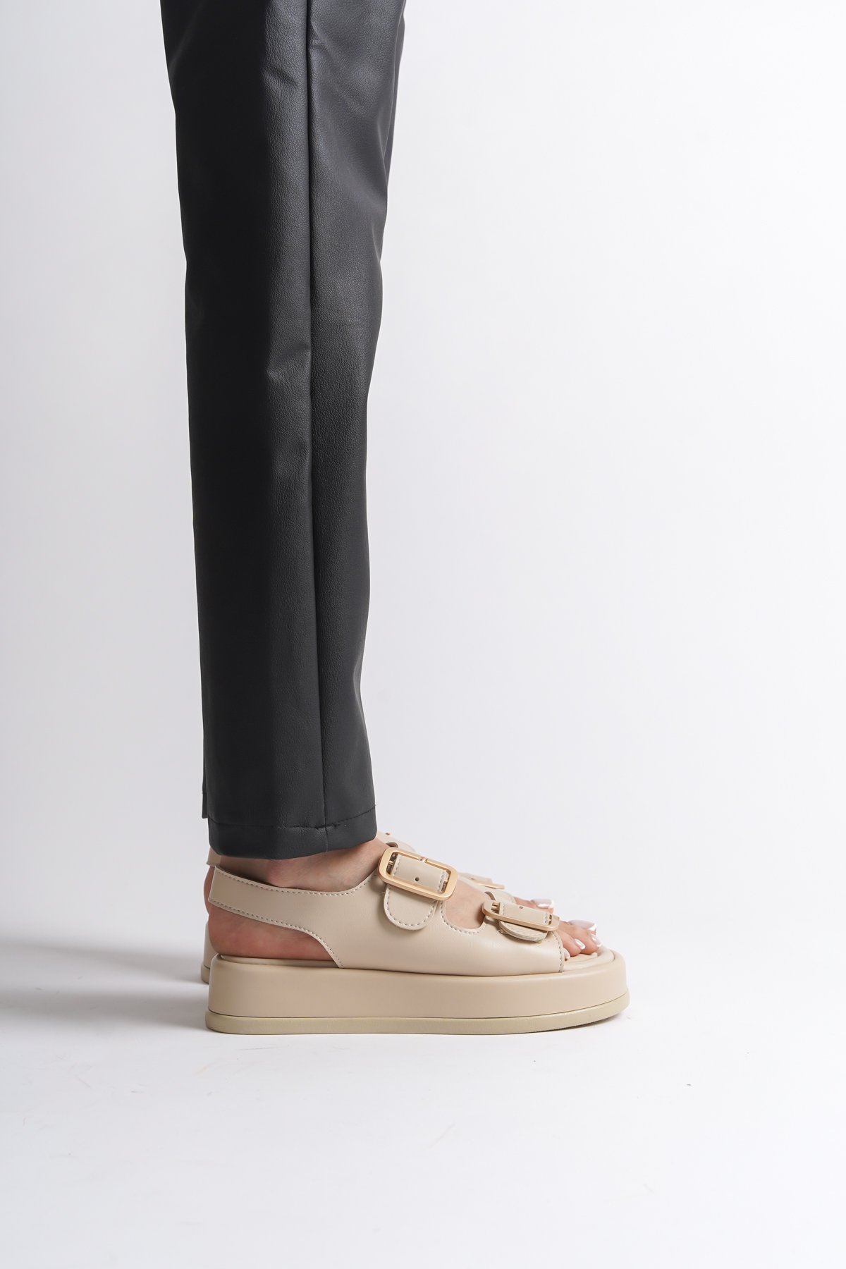 Capone Wedge Heeled Double Strap Buckle Women Beige Sandals