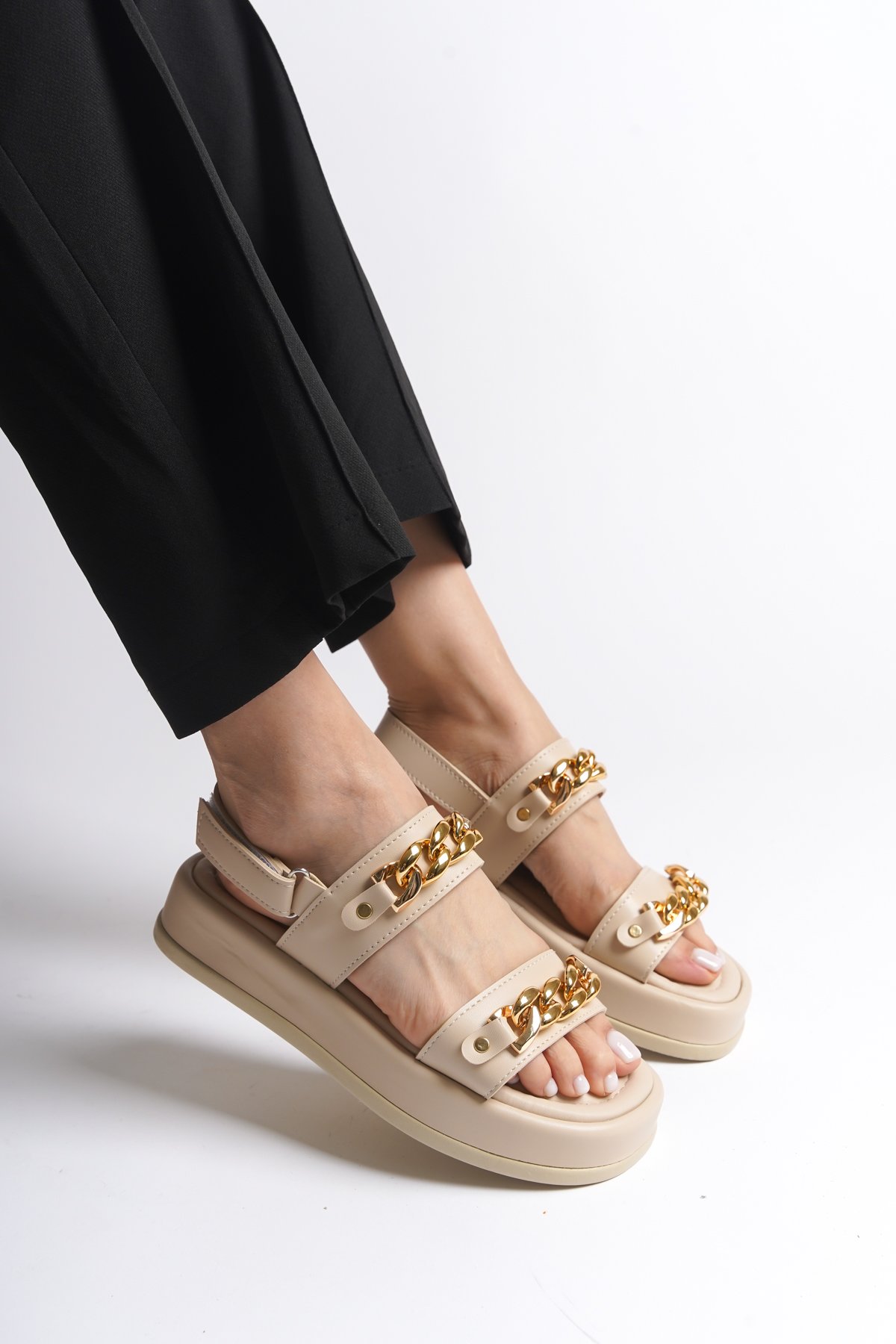 Capone Wedge Heeled Double Straps Metal Accessory Women Beige Sandals