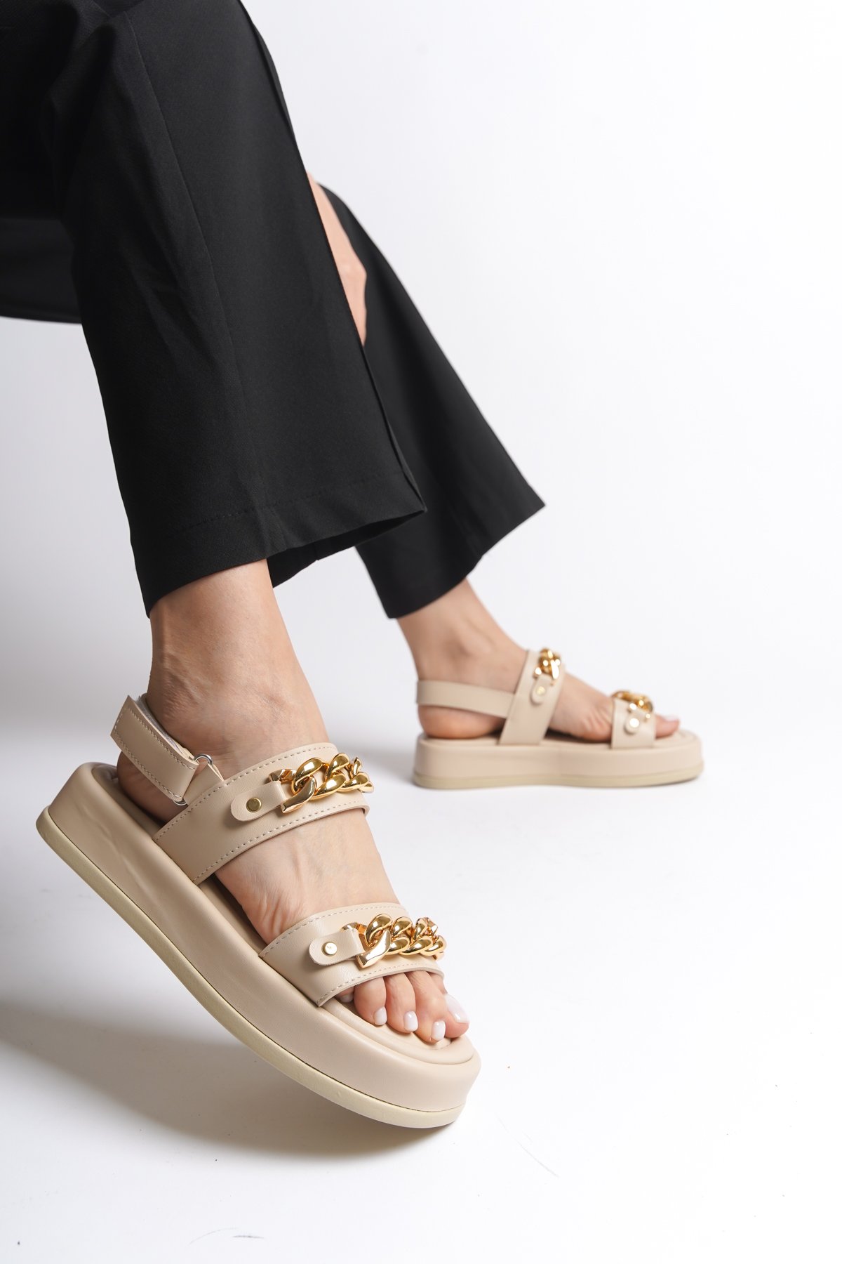 Capone Wedge Heeled Double Straps Metal Accessory Women Beige Sandals