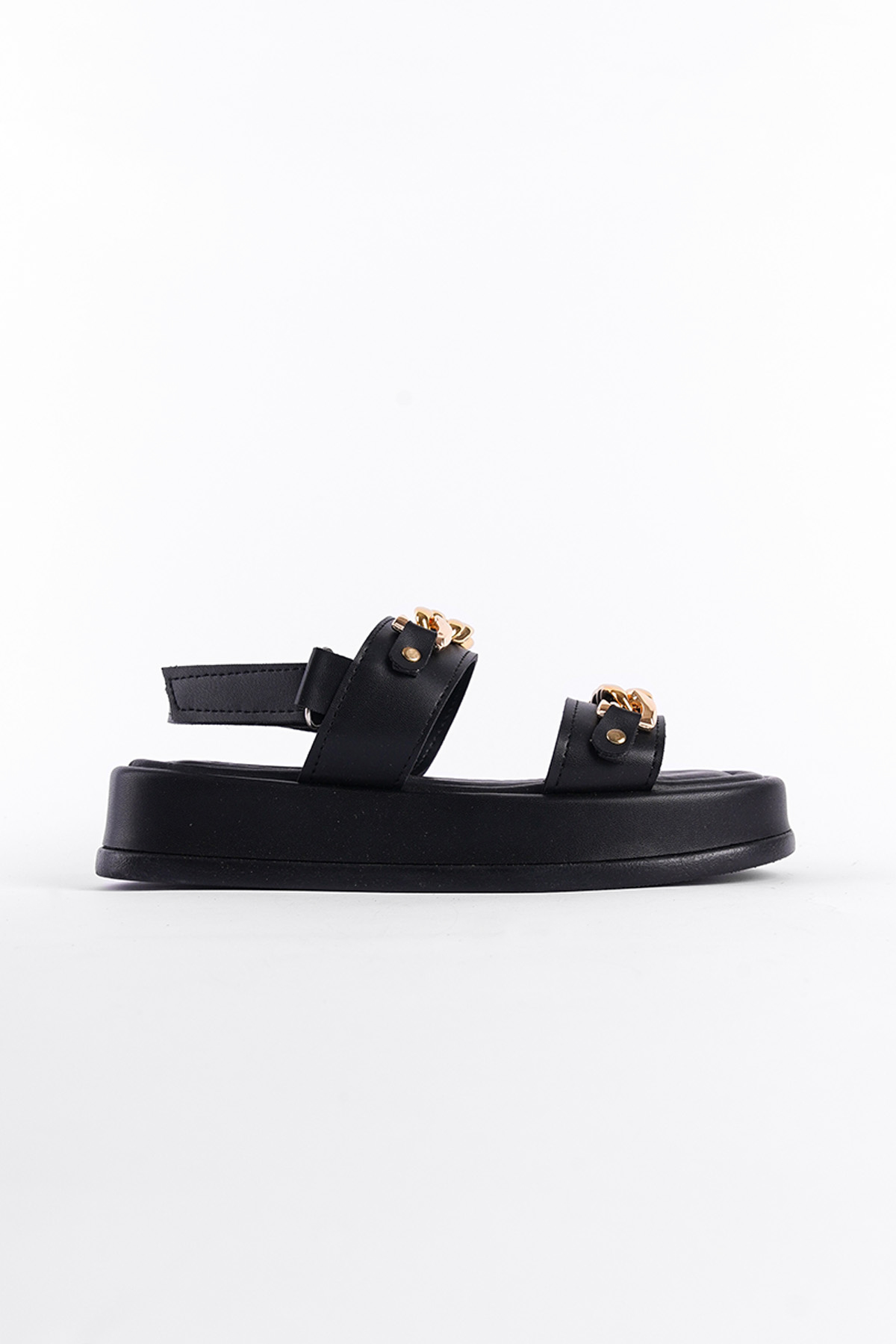 Capone Wedge Heeled Double Straps Metal Accessory Women Black Sandals