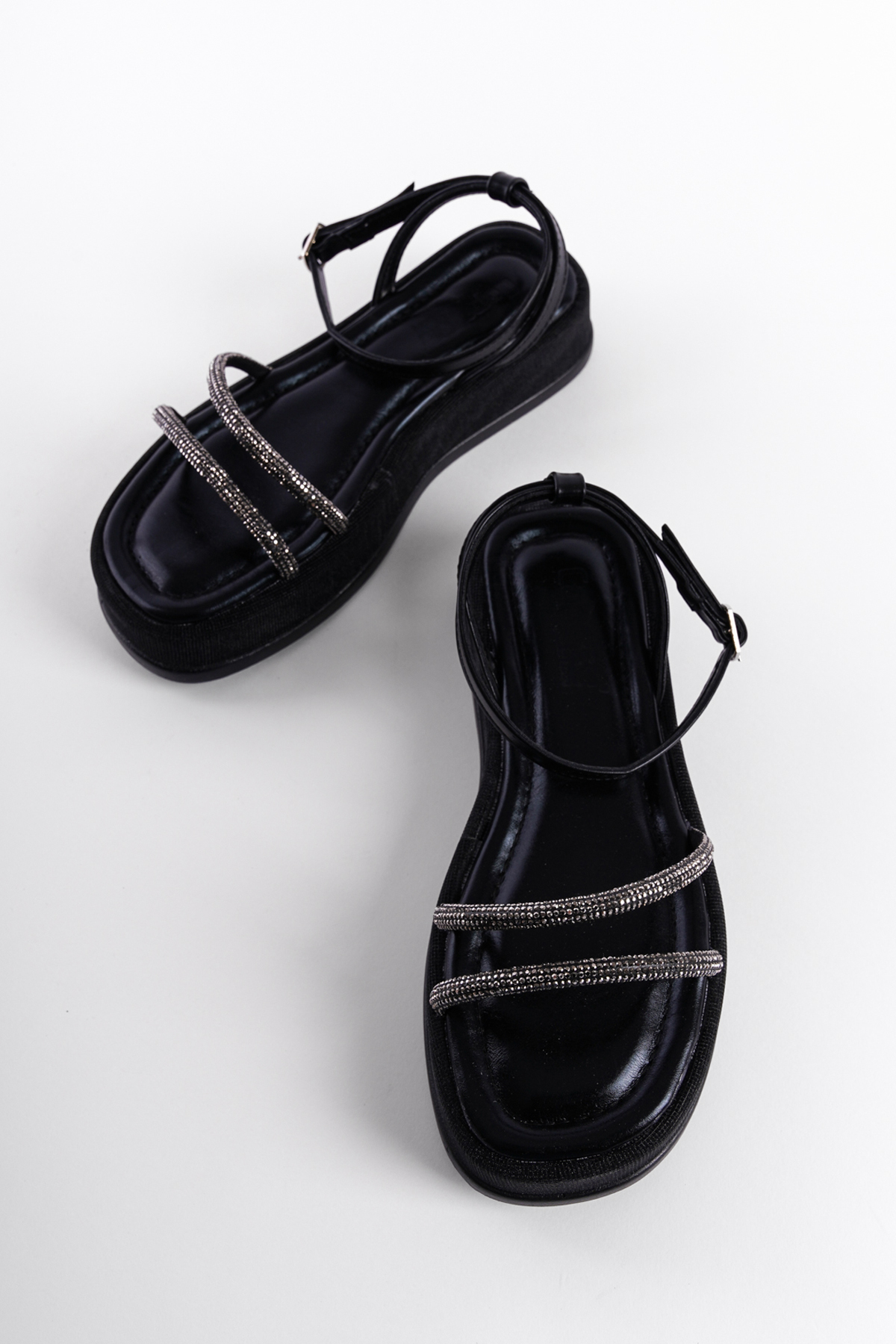 Capone Wedge Heeled Glittery Crystal Embellished Banded Women Black Sandals