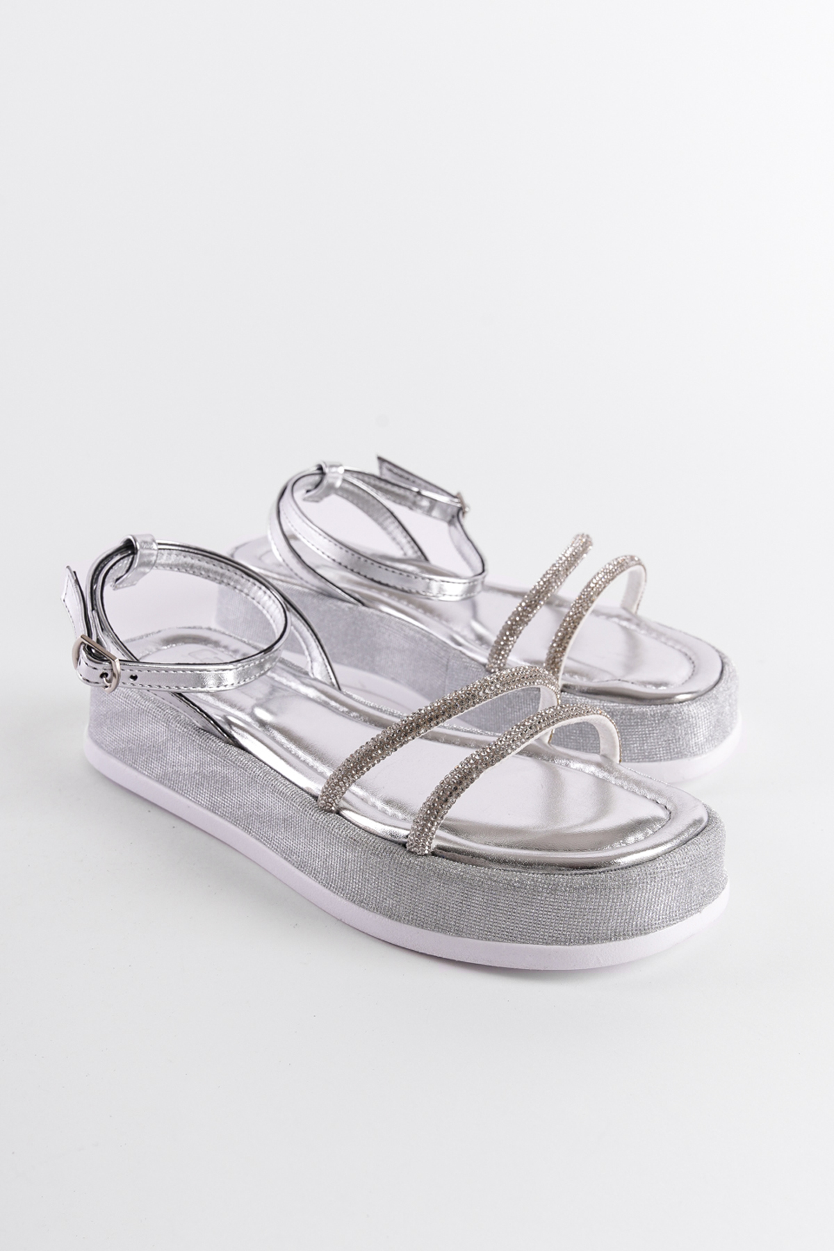 Capone Wedge Heeled Glittery Crystal Embellished Banded Women Silver Sandals