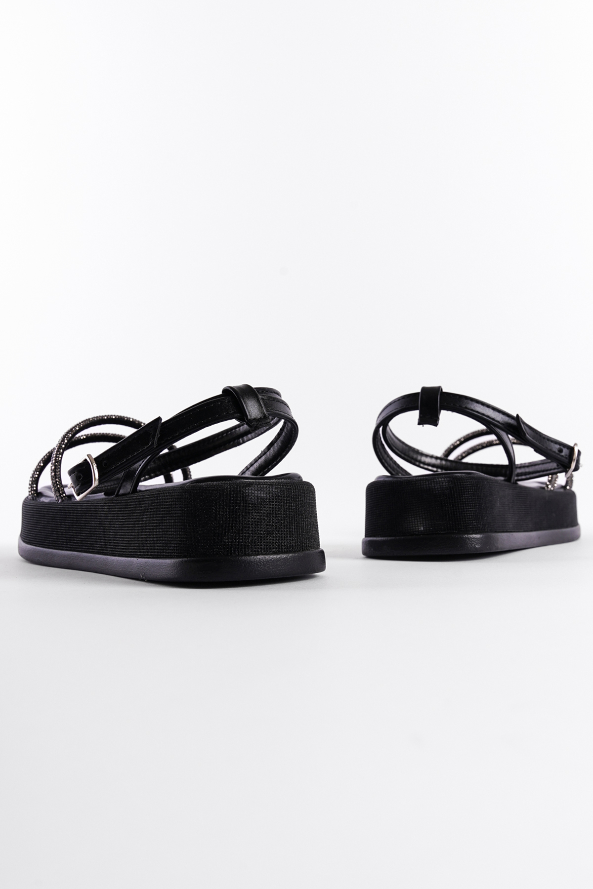 Capone Wedge Heeled Glittery Crystal Embellished Banded Women Black Sandals