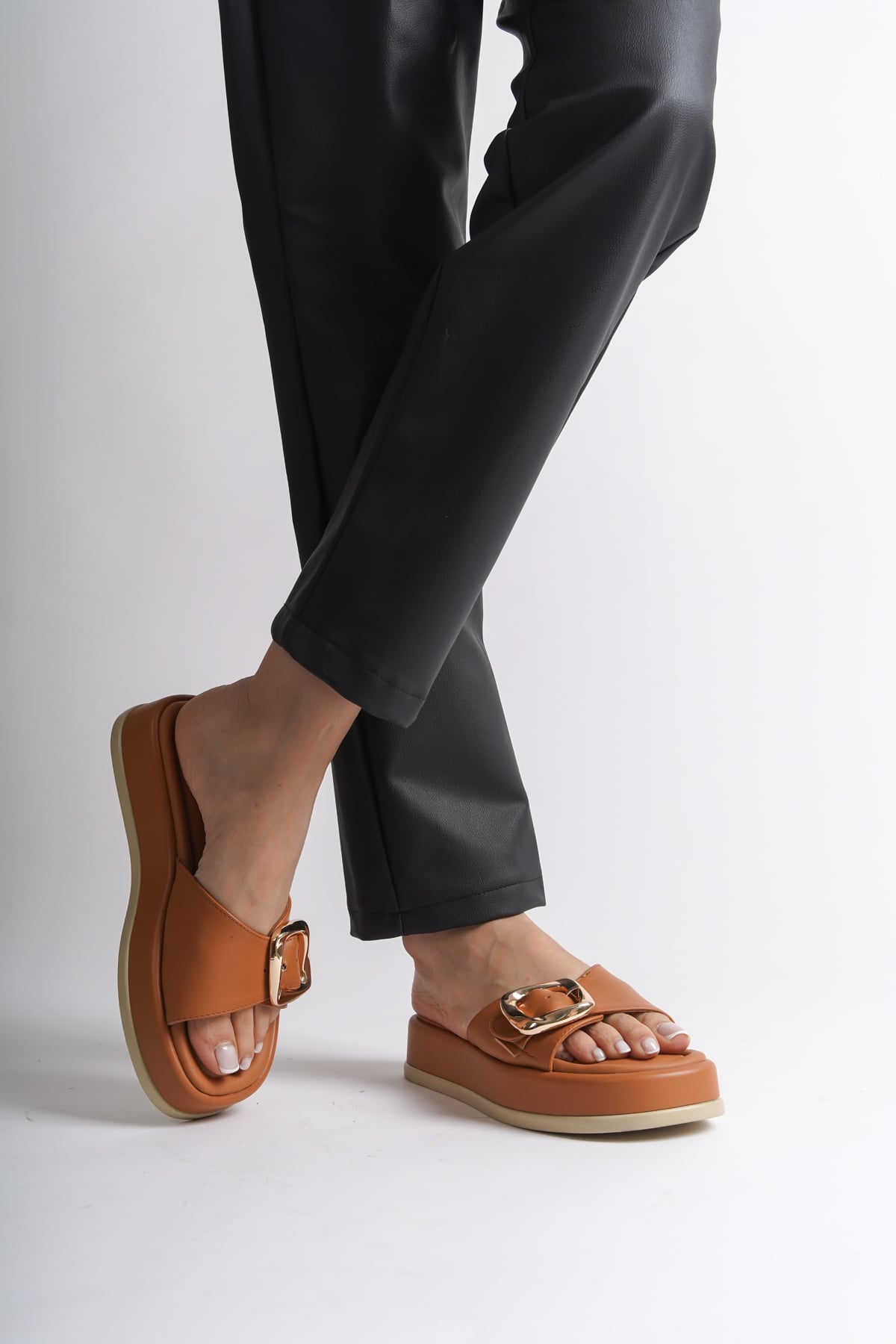 Capone Wedge Heeled Single Strap Buckle Women Tan Sandals
