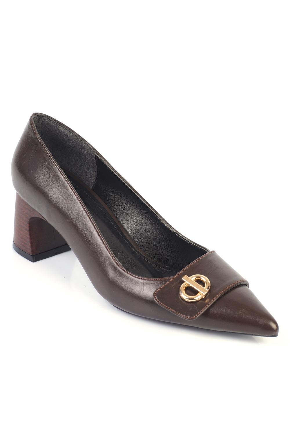 Capone Wooden Mid-Heeled Metal Buckled Pointed Toe Women Brown Shoes