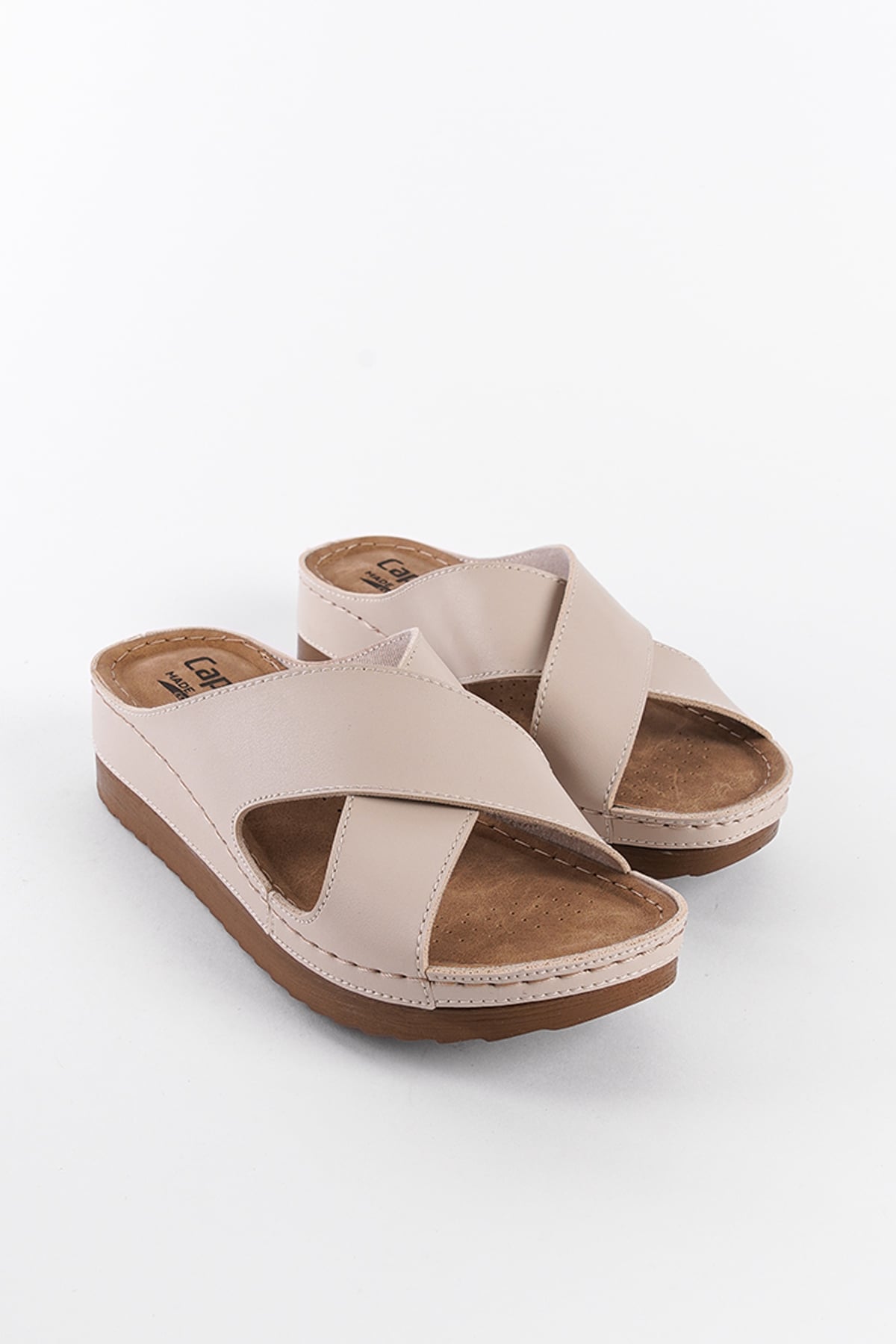 Capone Z0632 Women Beige Slide Comfort Anatomical Cross Band Sandals