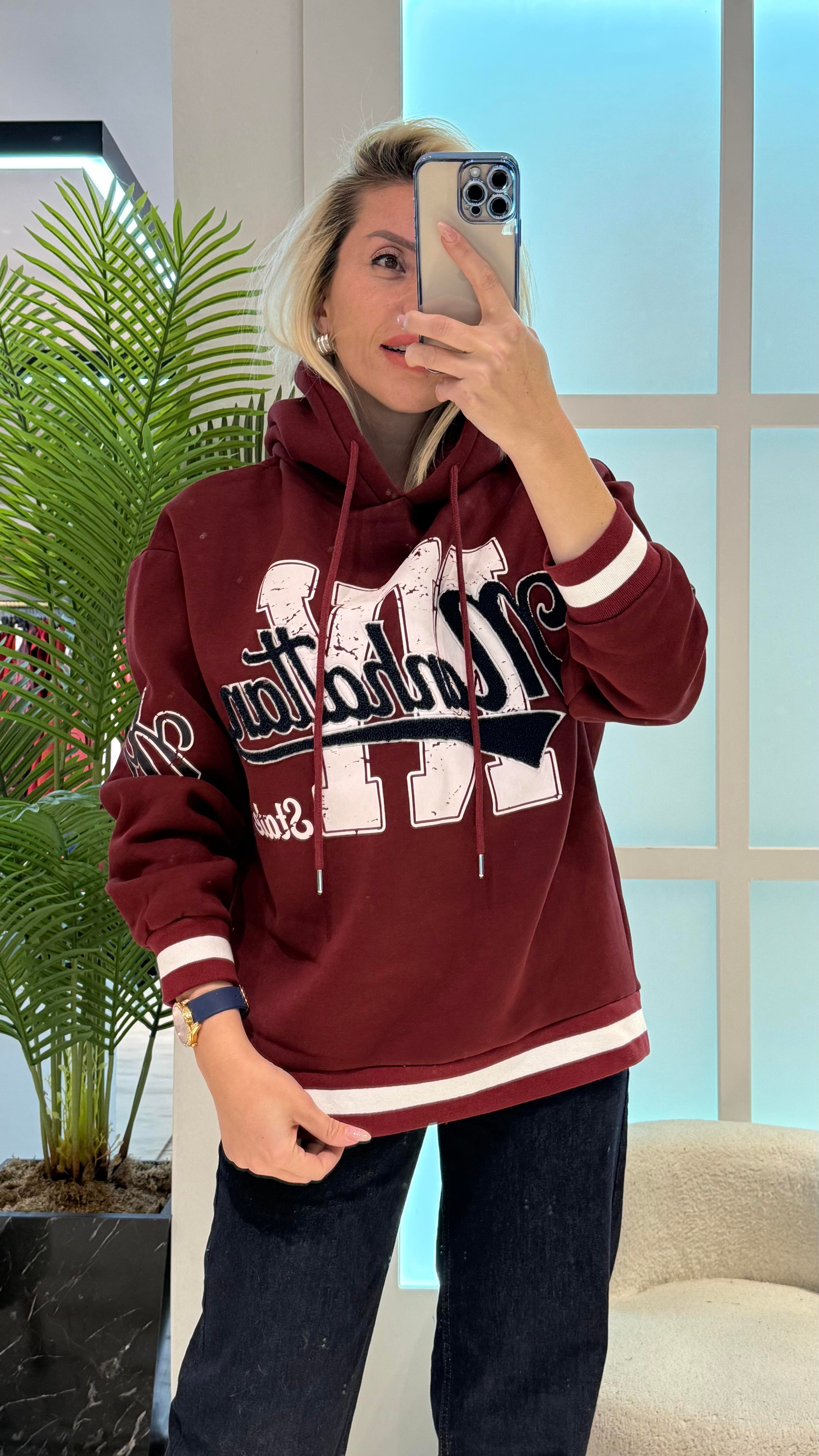 BORDO KAPÜŞONLU SWEAT 