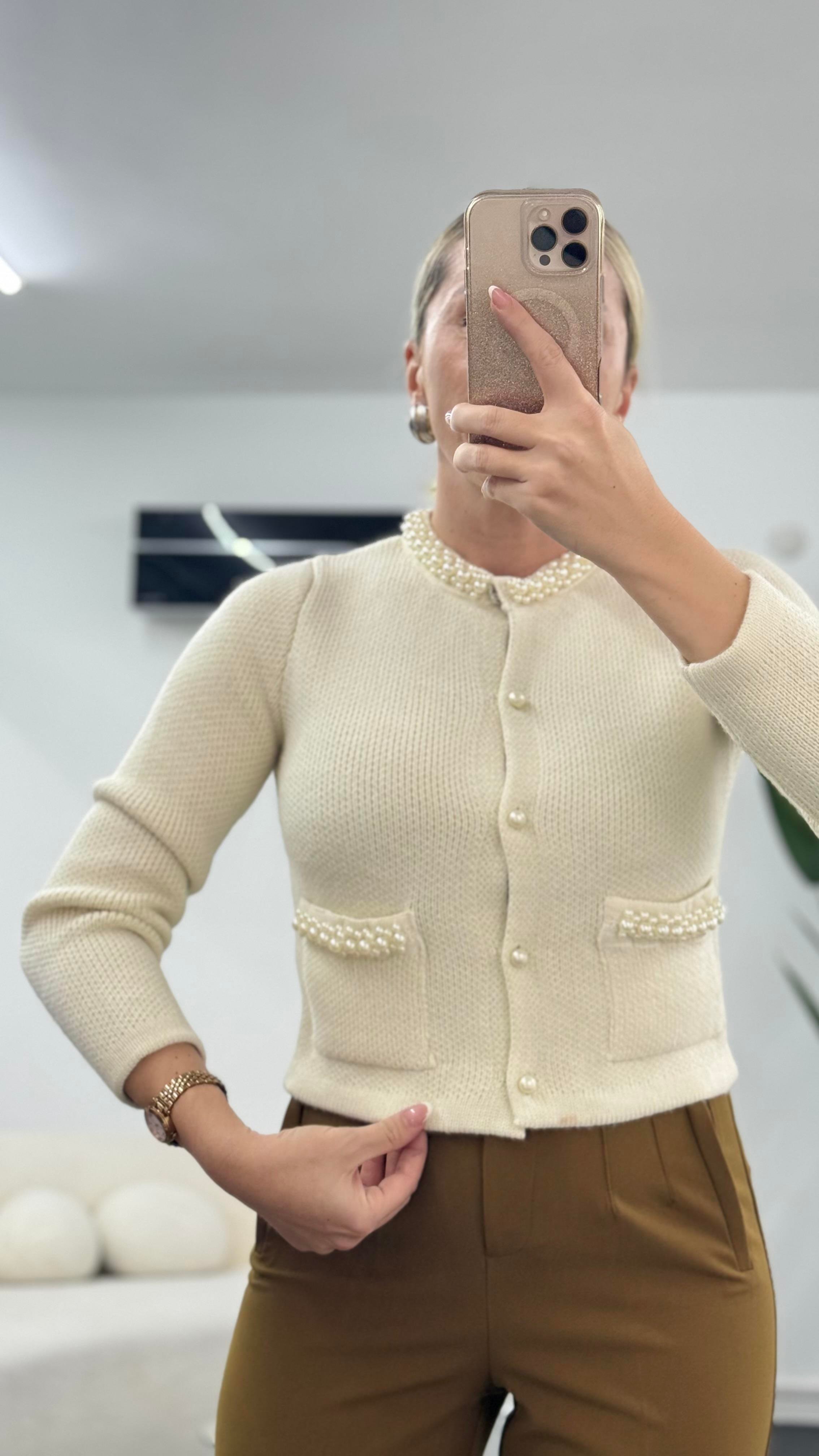 BURY İNCİ DETAYLI KREMRENGİ HIRKA